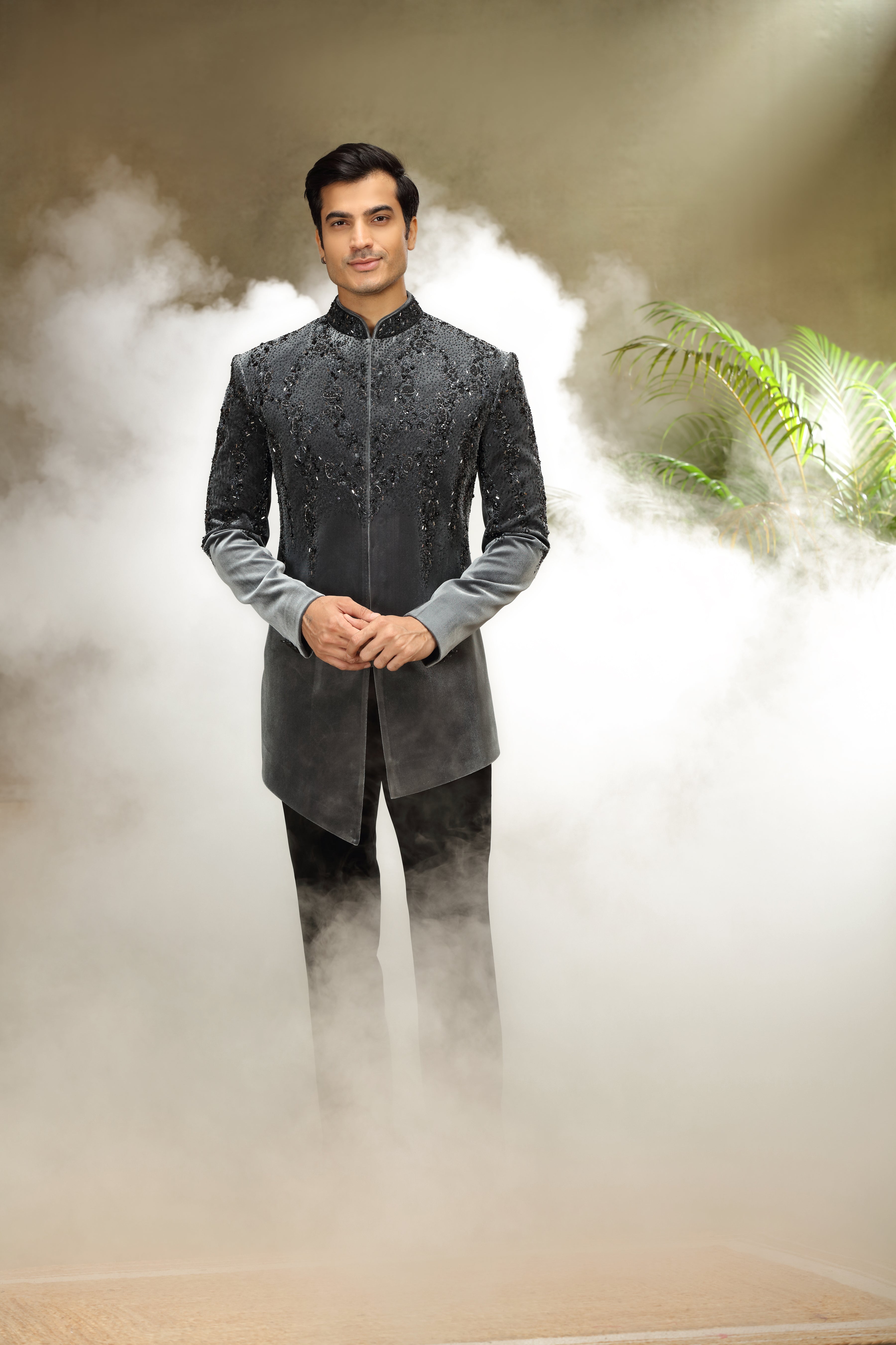 Grey Velvet Indo Western Set with Glass Bead Work