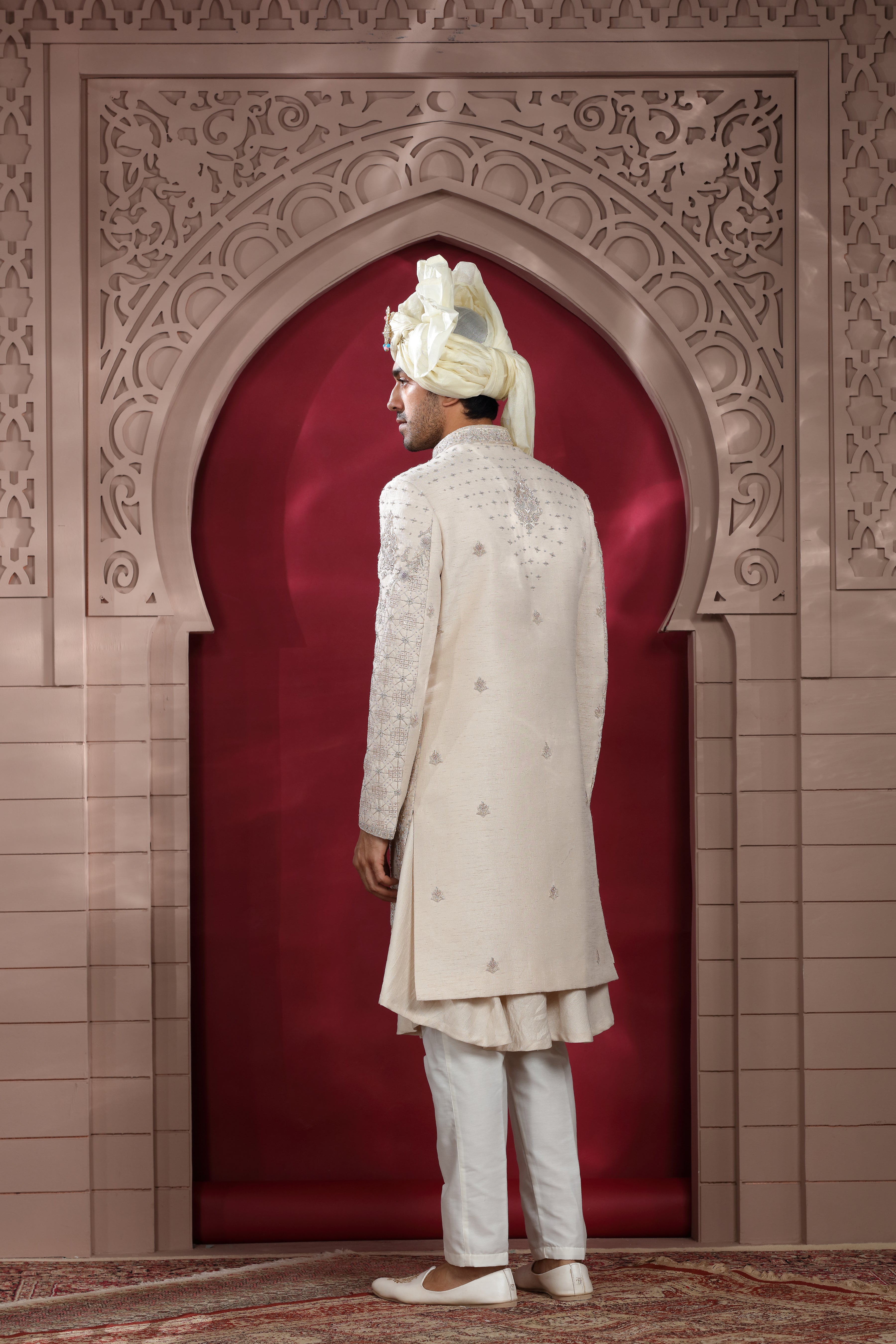 Ivory Raw Silk Sherwani with Hand Embroidery