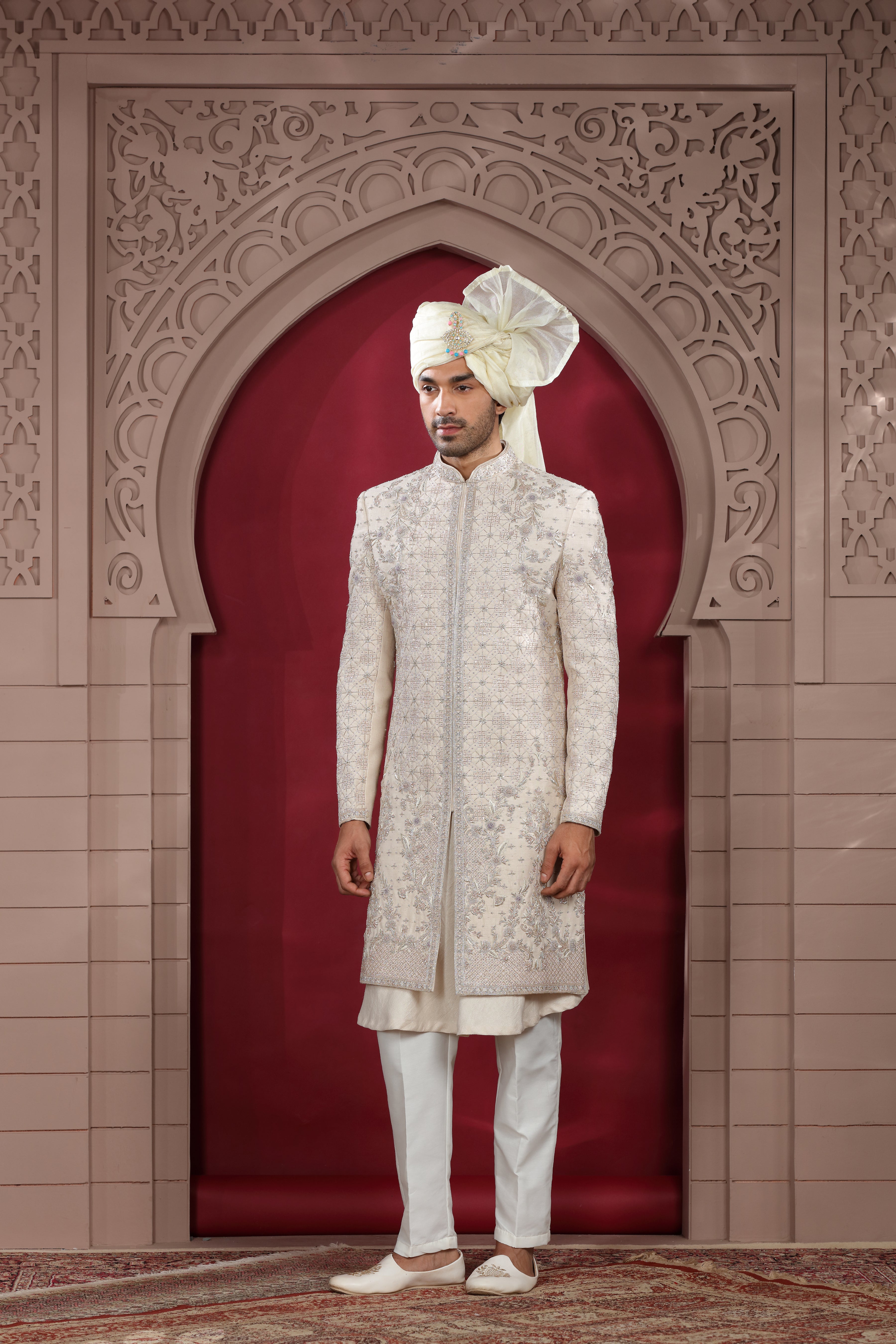 Ivory Raw Silk Sherwani with Hand Embroidery