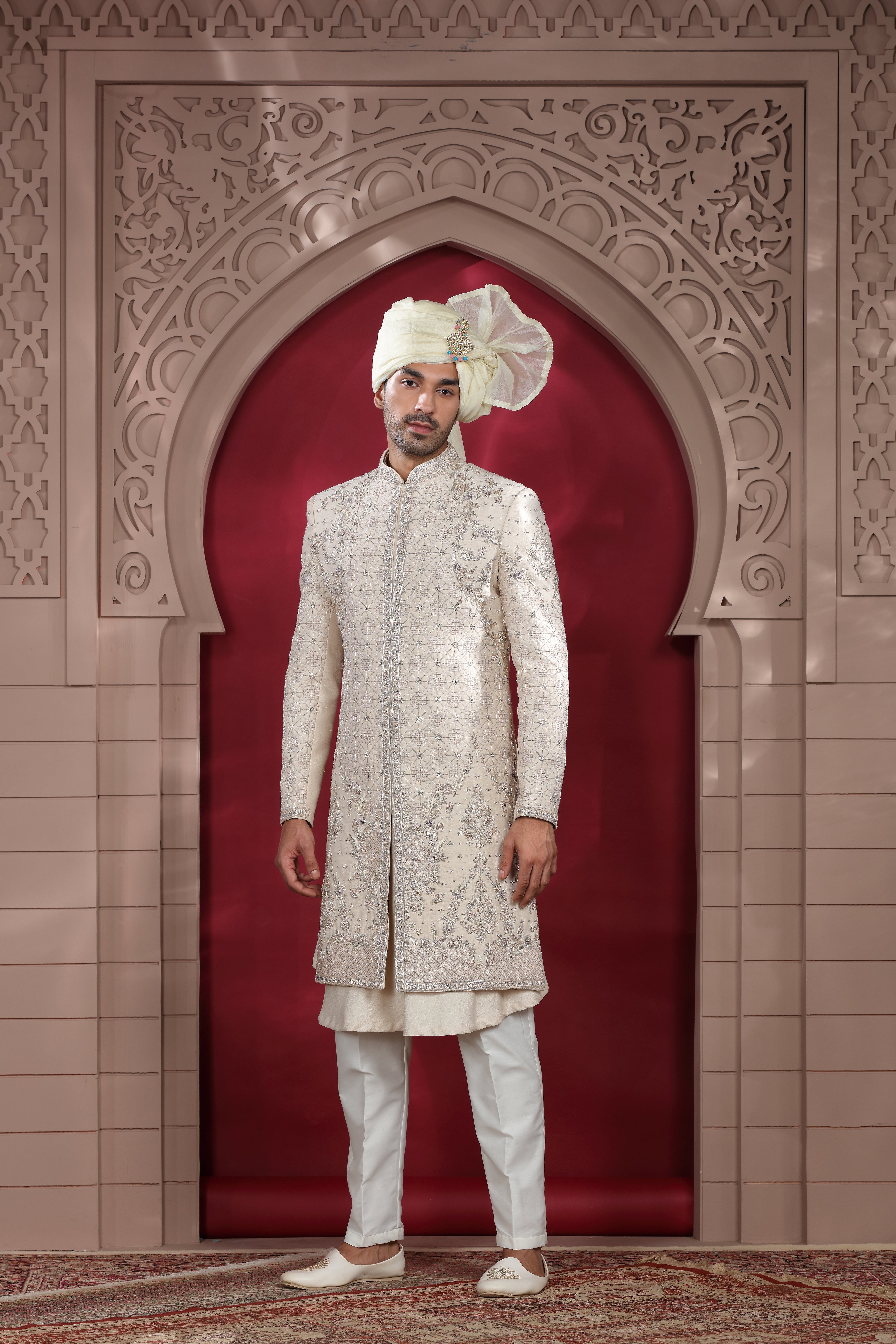 Ivory Raw Silk Sherwani with Hand Embroidery