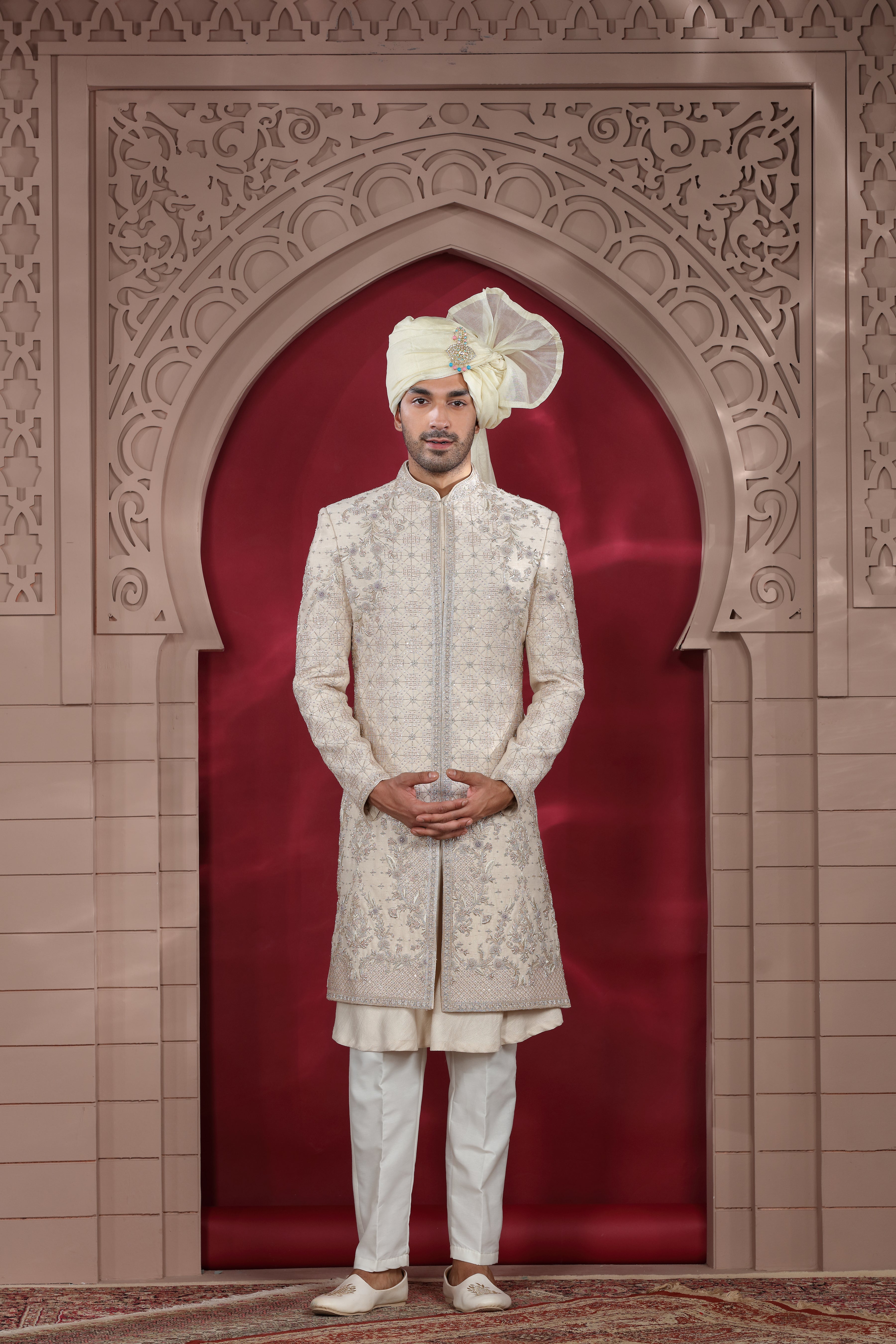 Ivory Raw Silk Sherwani with Hand Embroidery