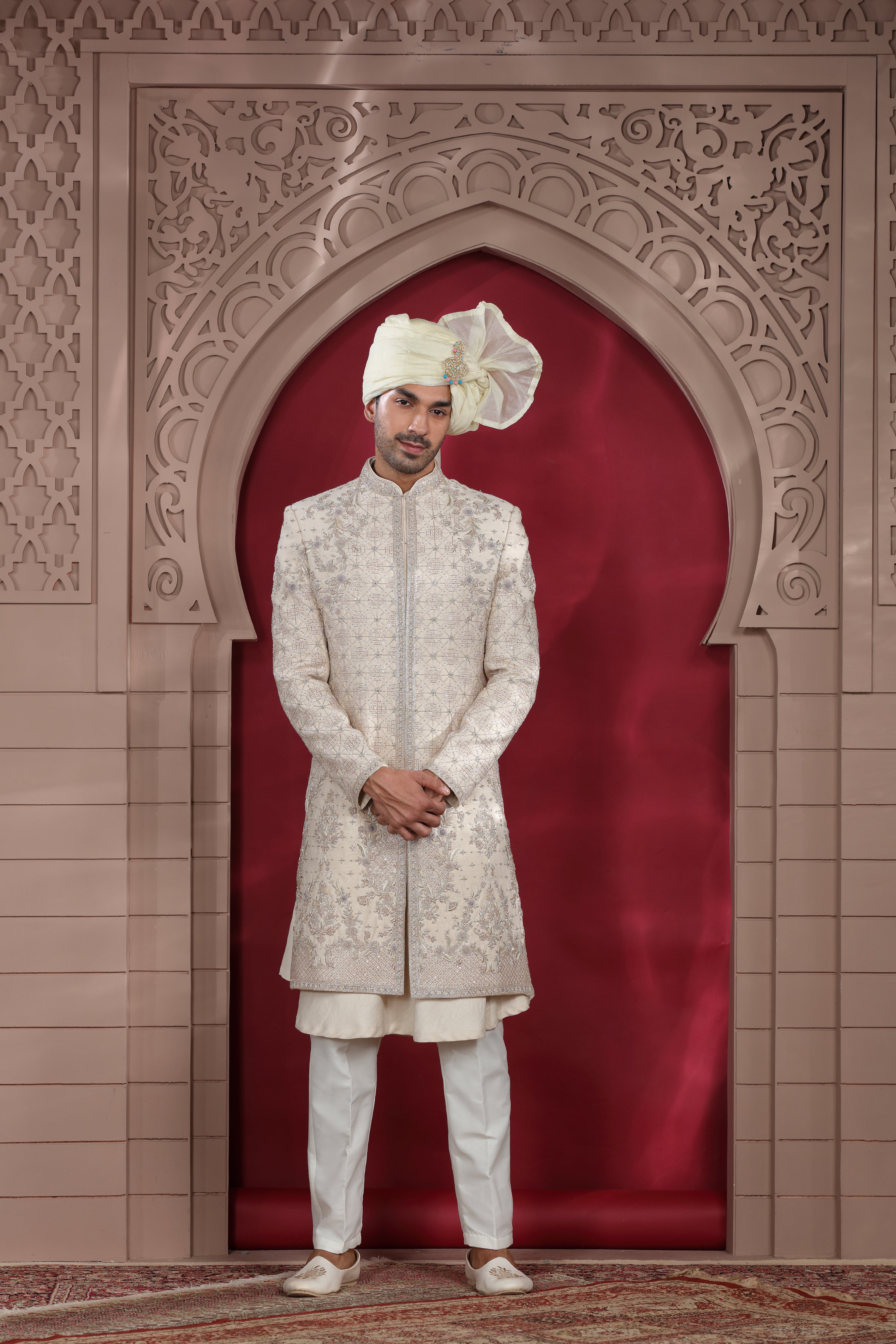 Ivory Raw Silk Sherwani with Hand Embroidery