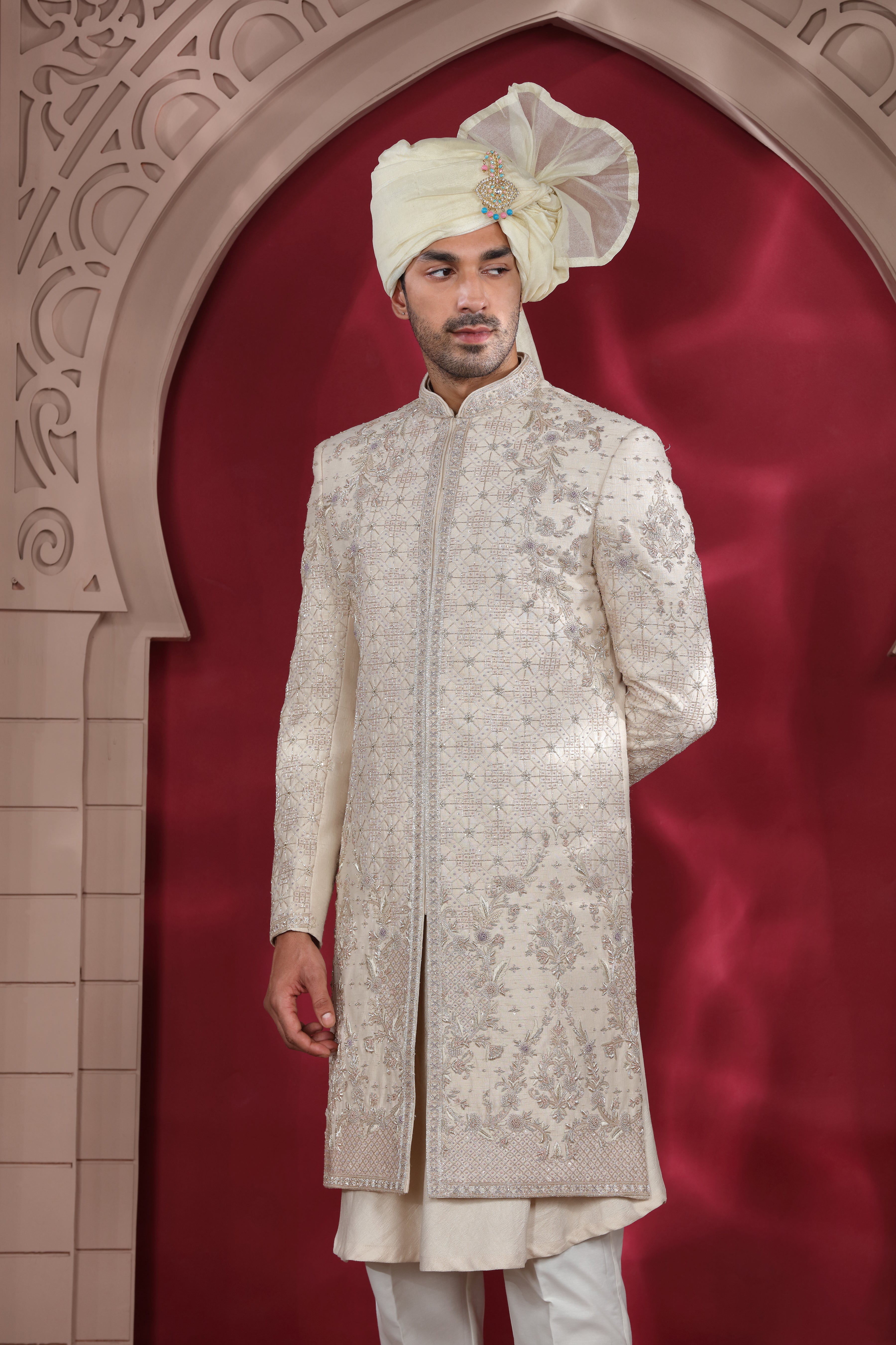 Ivory Raw Silk Sherwani with Hand Embroidery