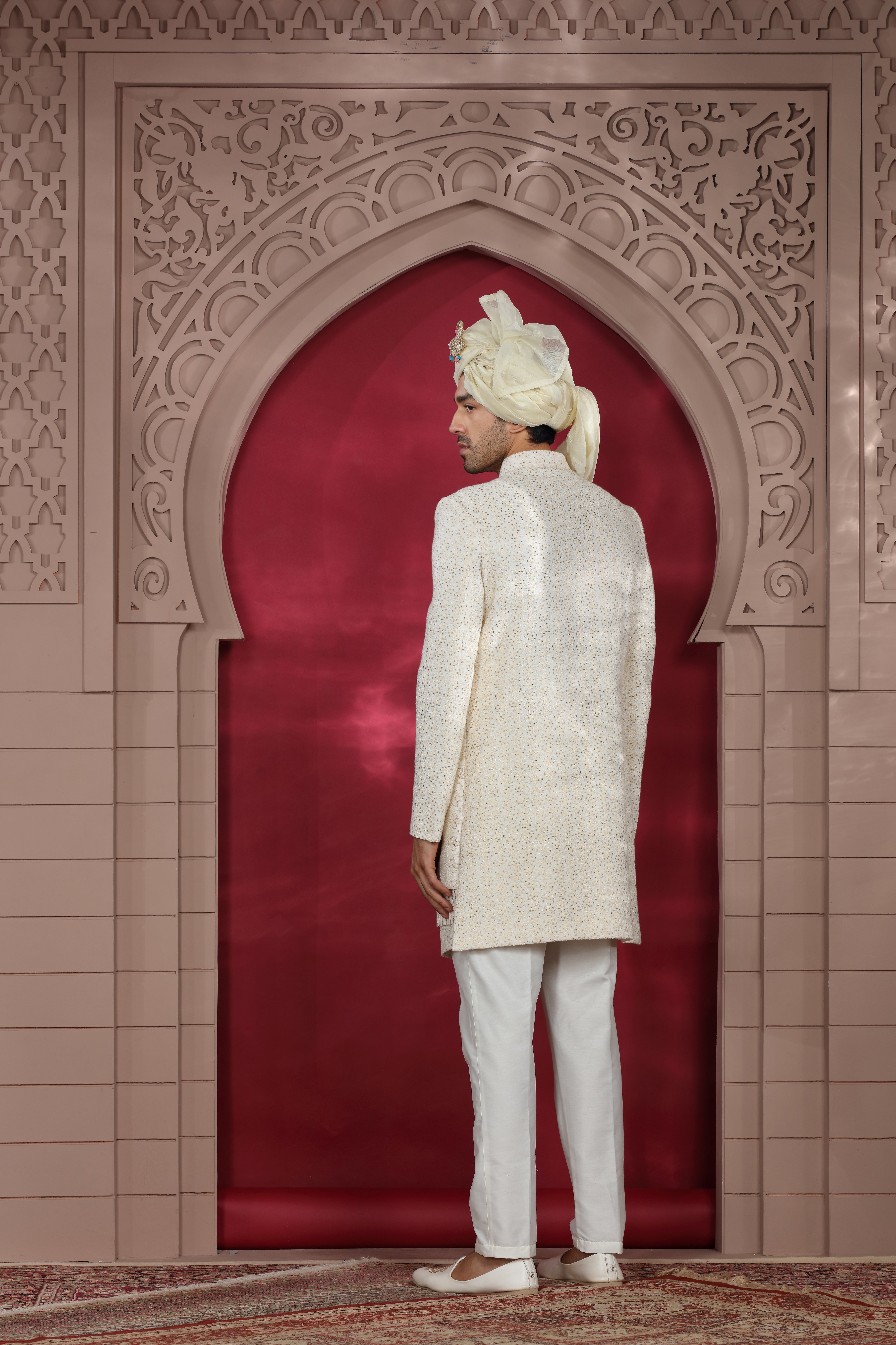 Off White Raw Silk Sherwani with Chikankari & Sequence Work