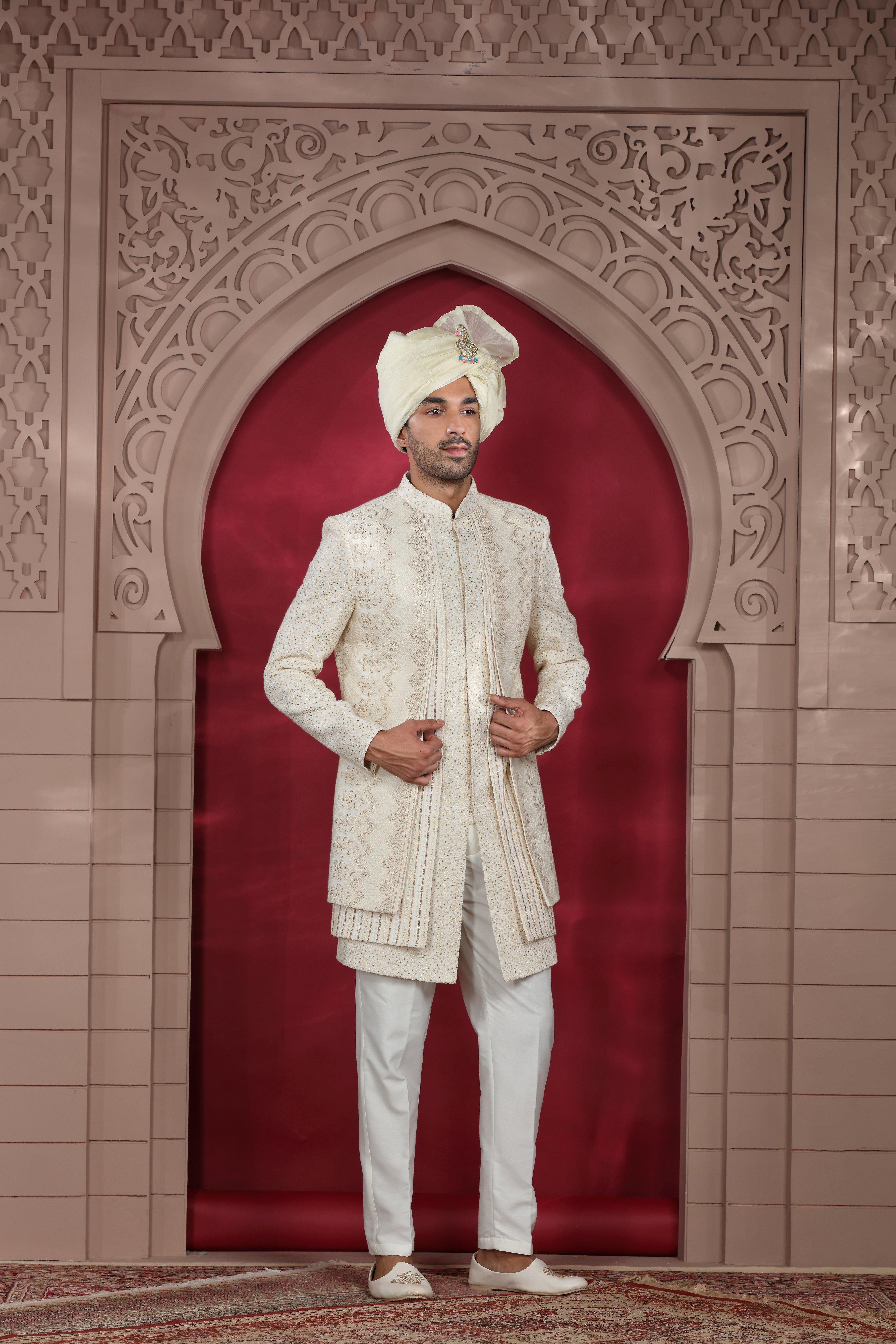 Off White Raw Silk Sherwani with Chikankari & Sequence Work