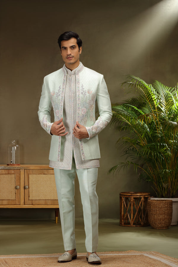 Ice Blue Raw Silk Jodhpuri Set with Multicolour Pearlwork