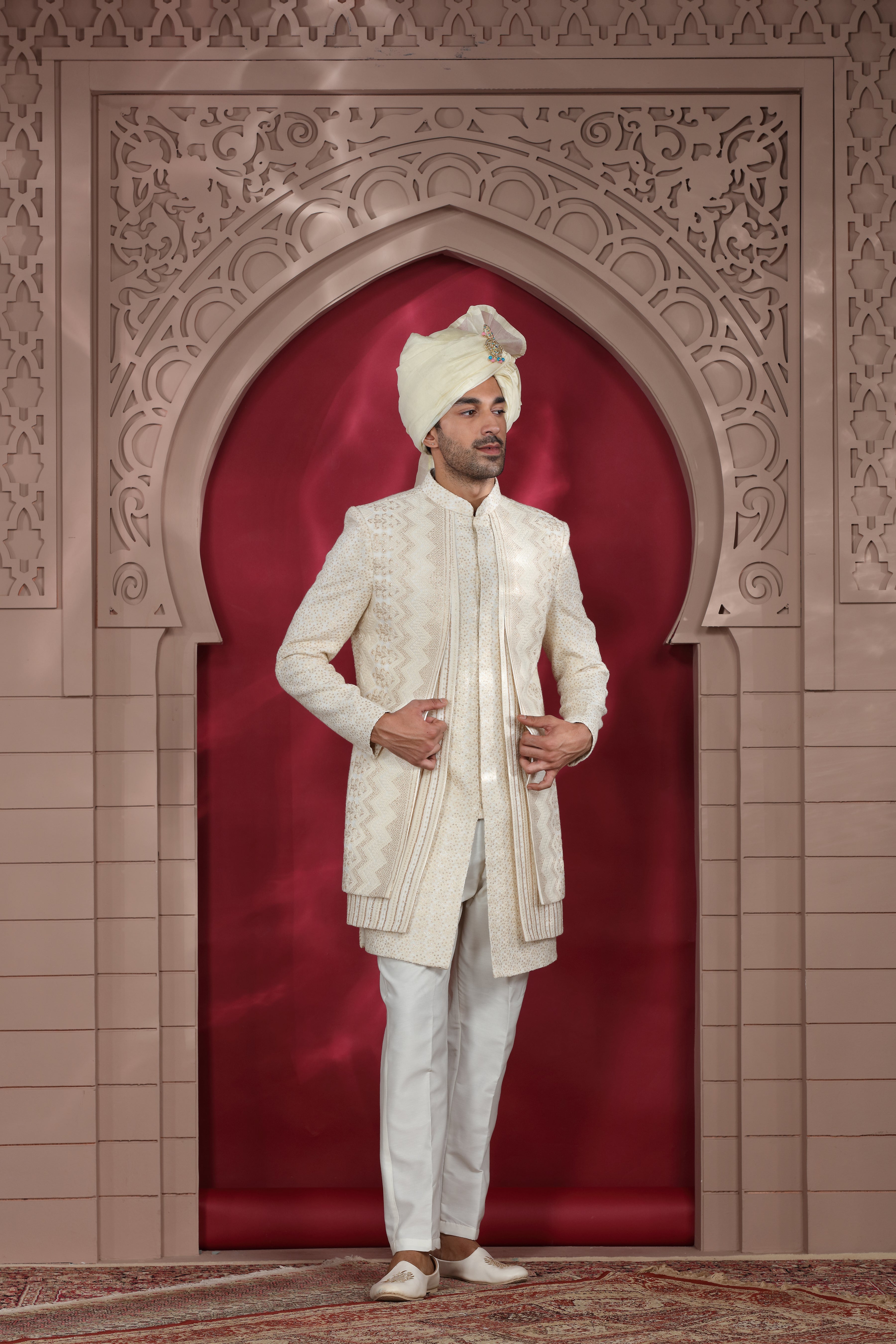 Off White Raw Silk Sherwani with Chikankari & Sequence Work