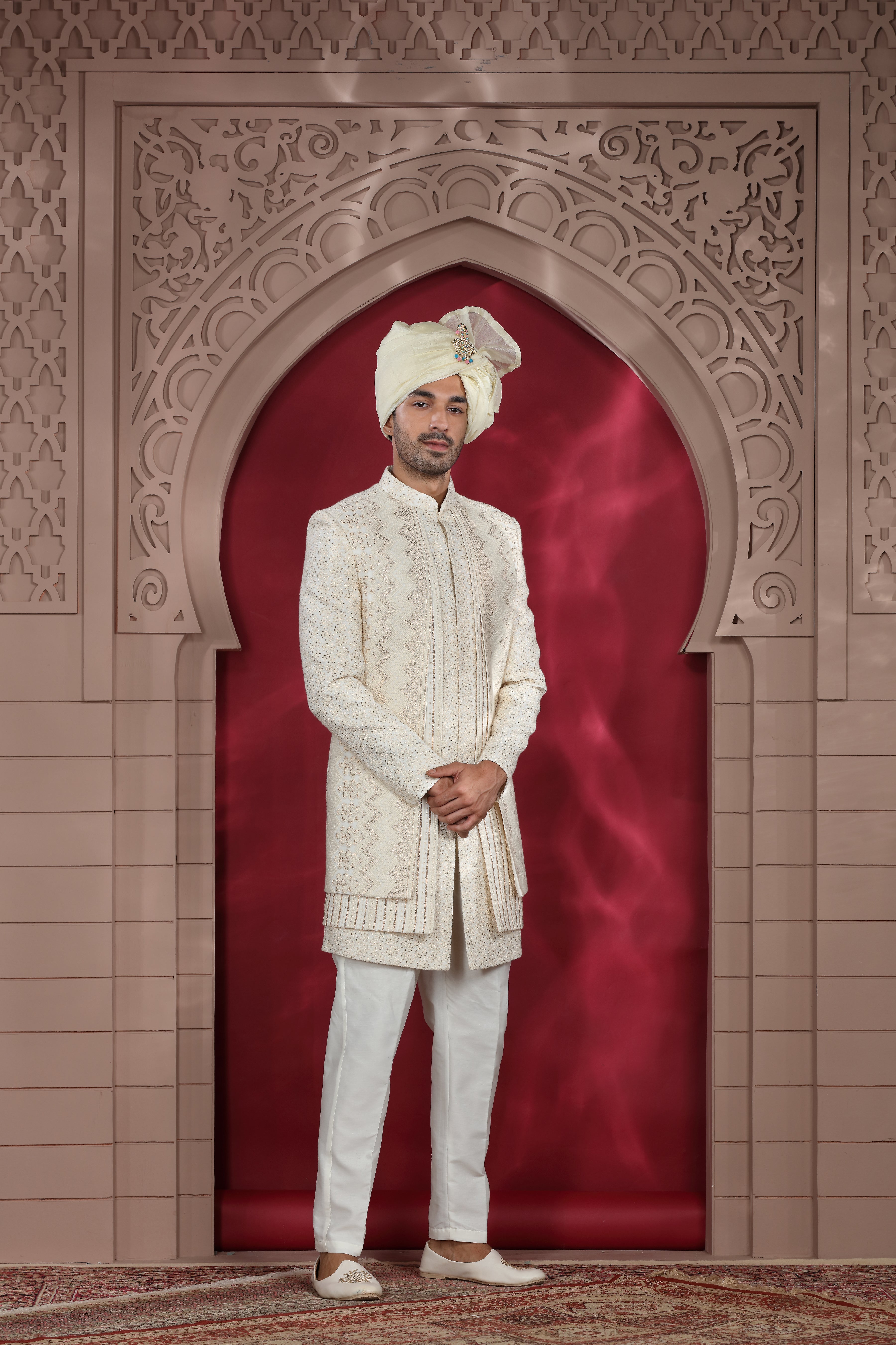 Off White Raw Silk Sherwani with Chikankari & Sequence Work