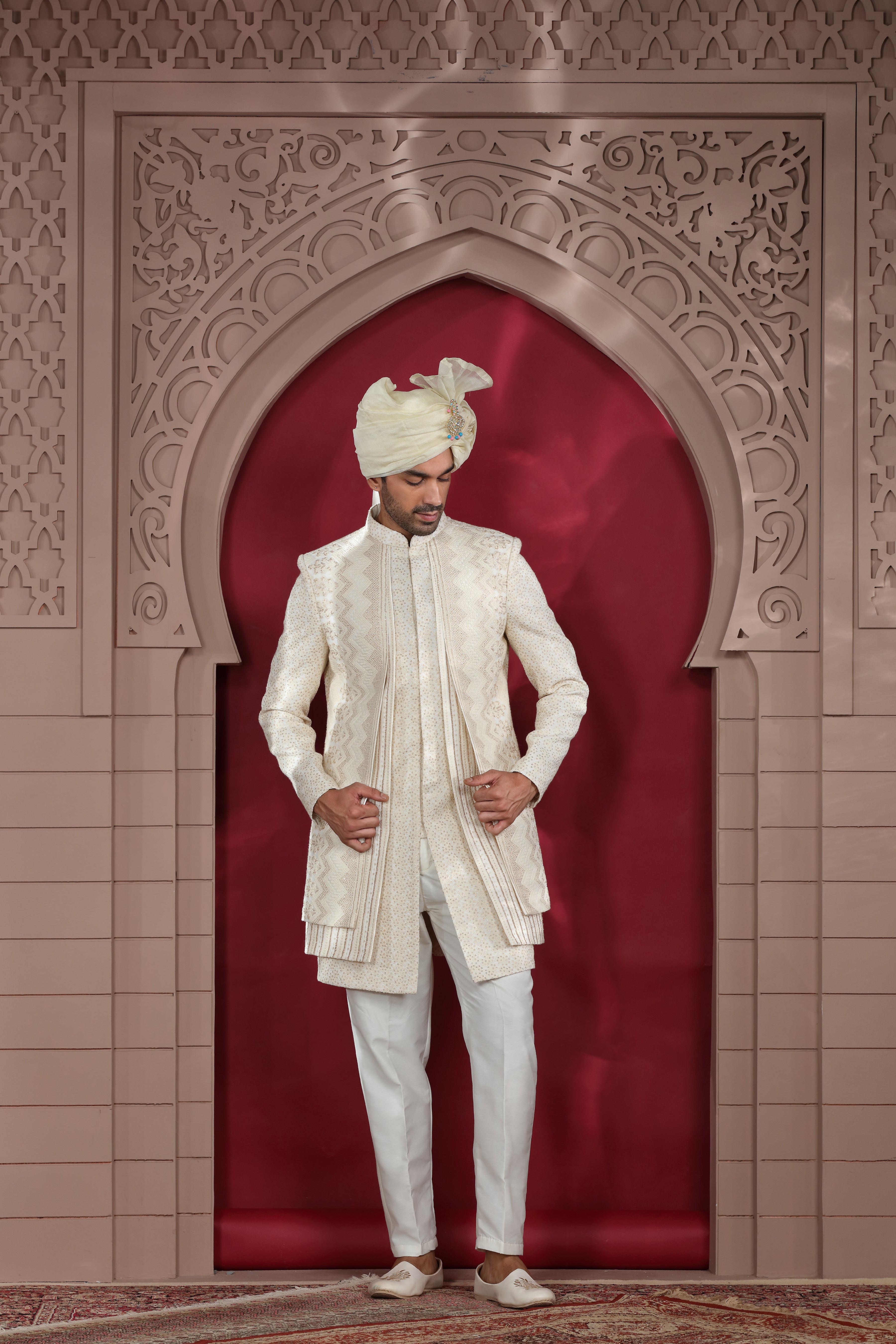 Off White Raw Silk Sherwani with Chikankari & Sequence Work