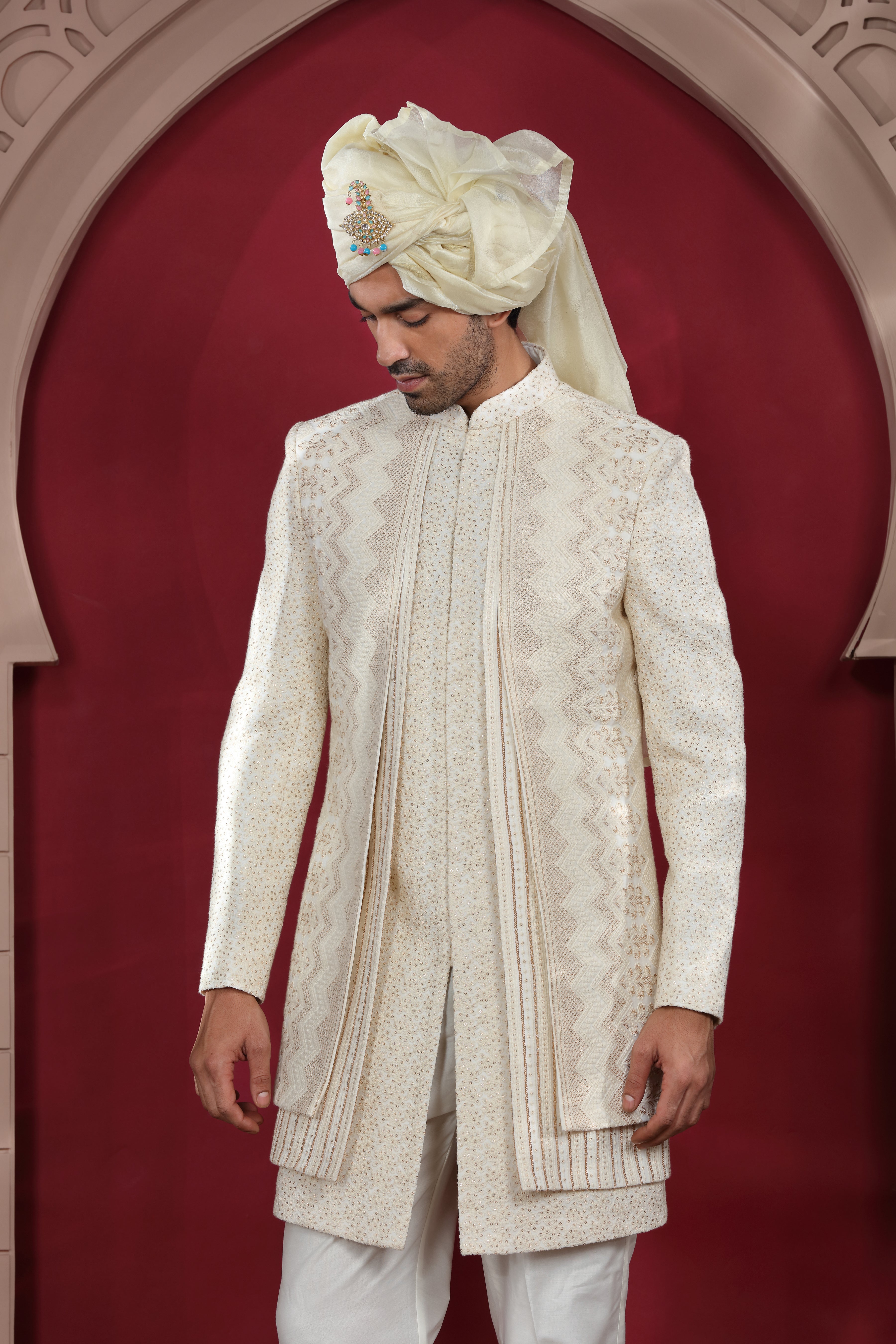 Off White Raw Silk Sherwani with Chikankari & Sequence Work