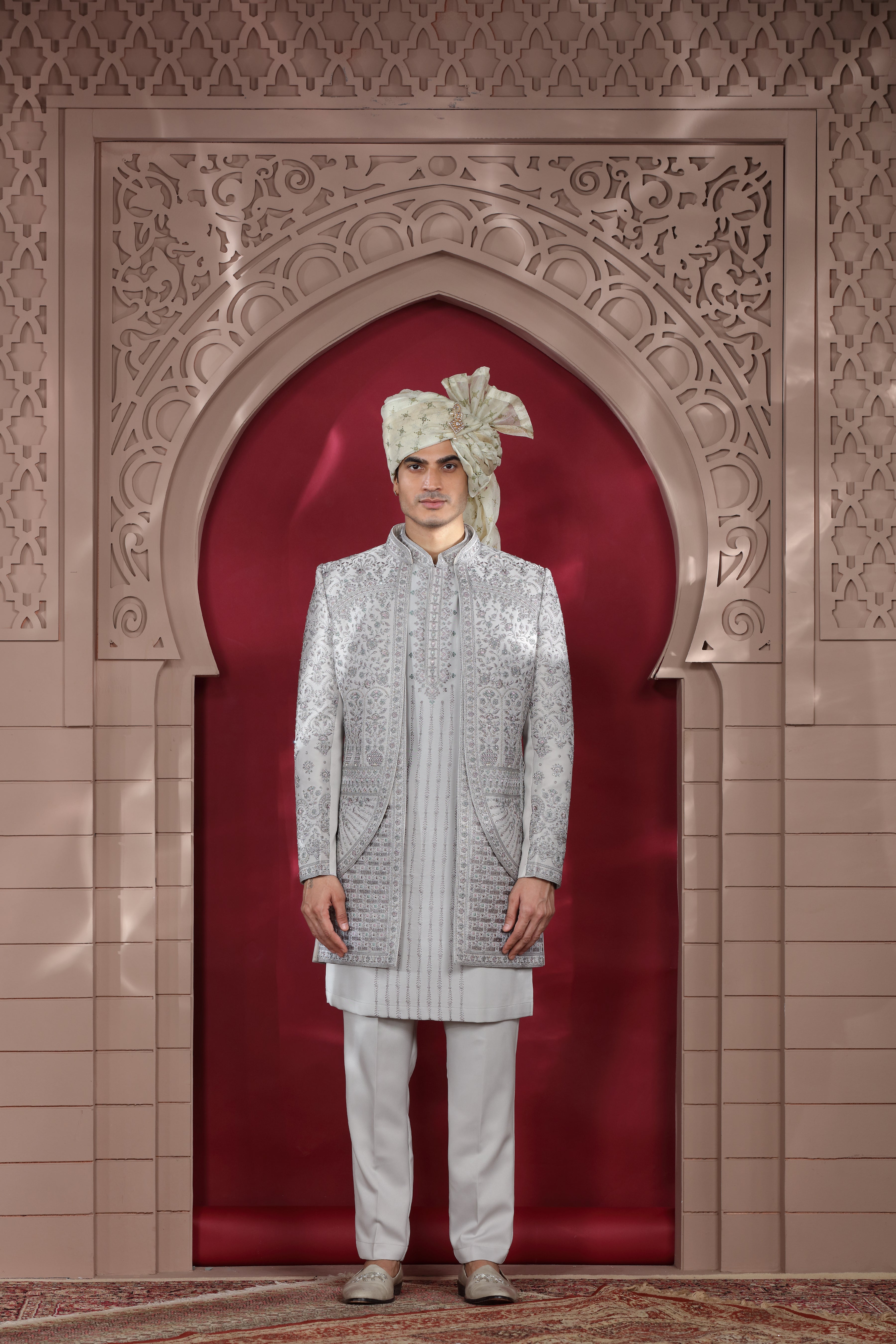 Grey Silk Indo Western with Silver Work