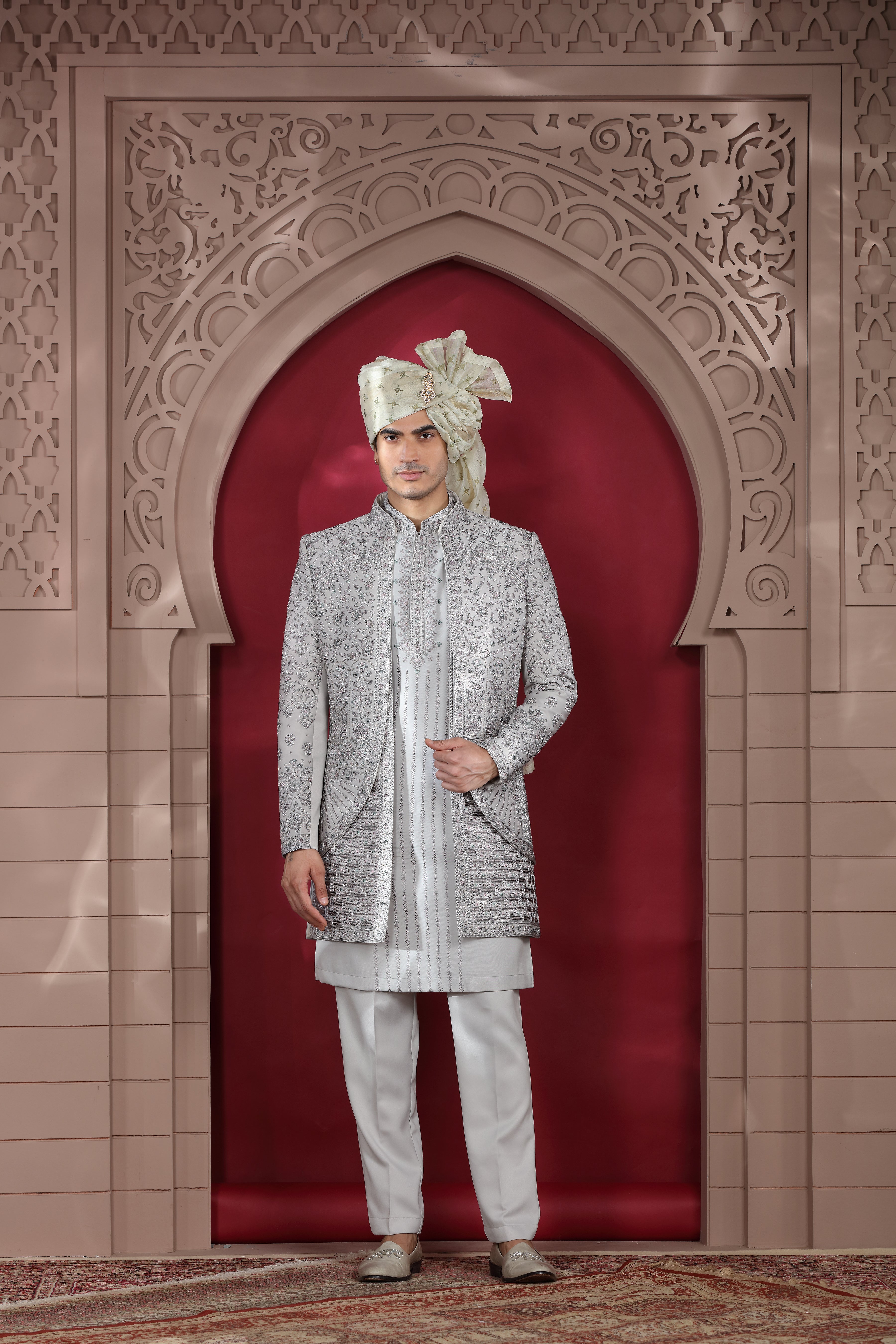 Grey Silk Indo Western with Silver Work