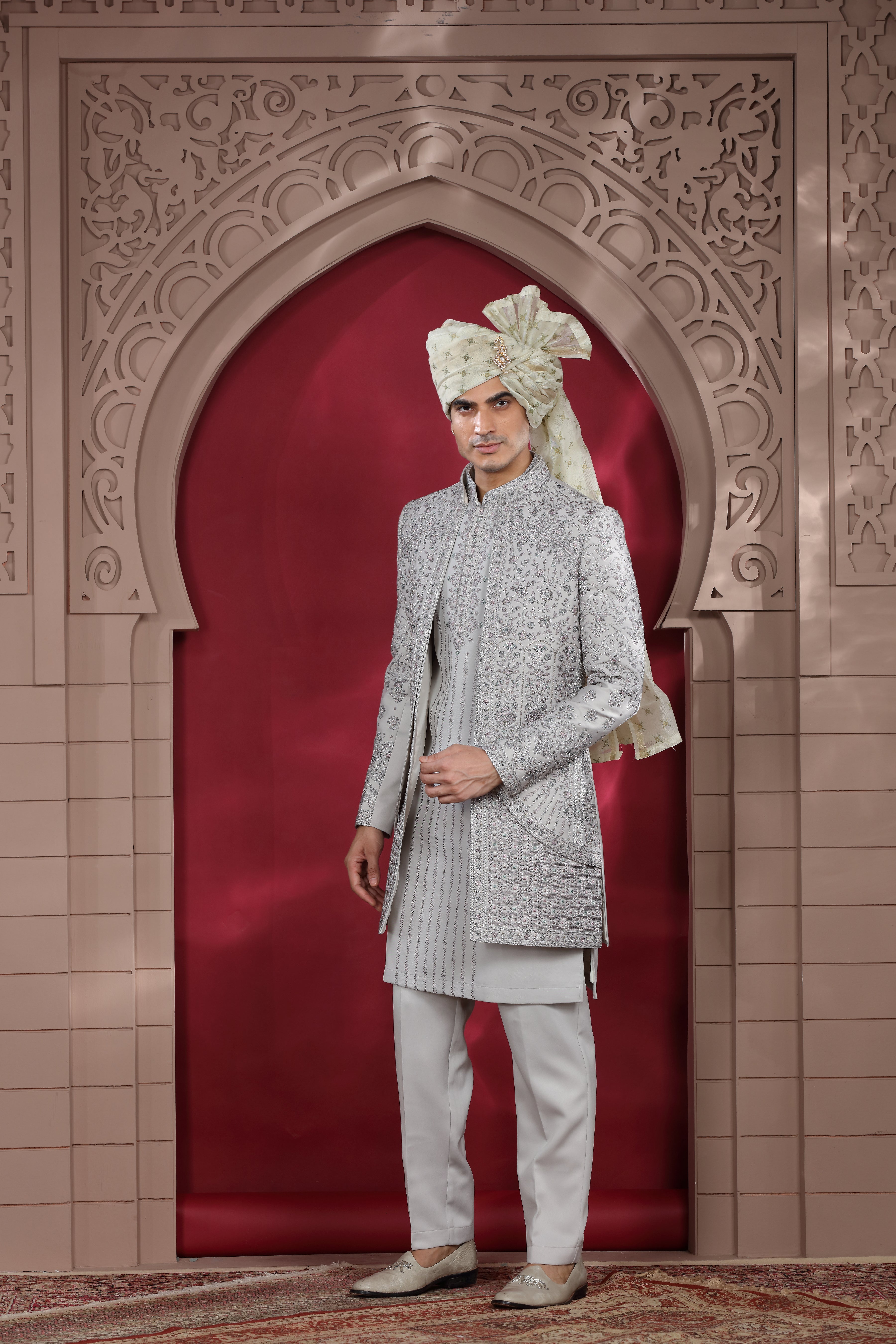 Grey Silk Indo Western with Silver Work