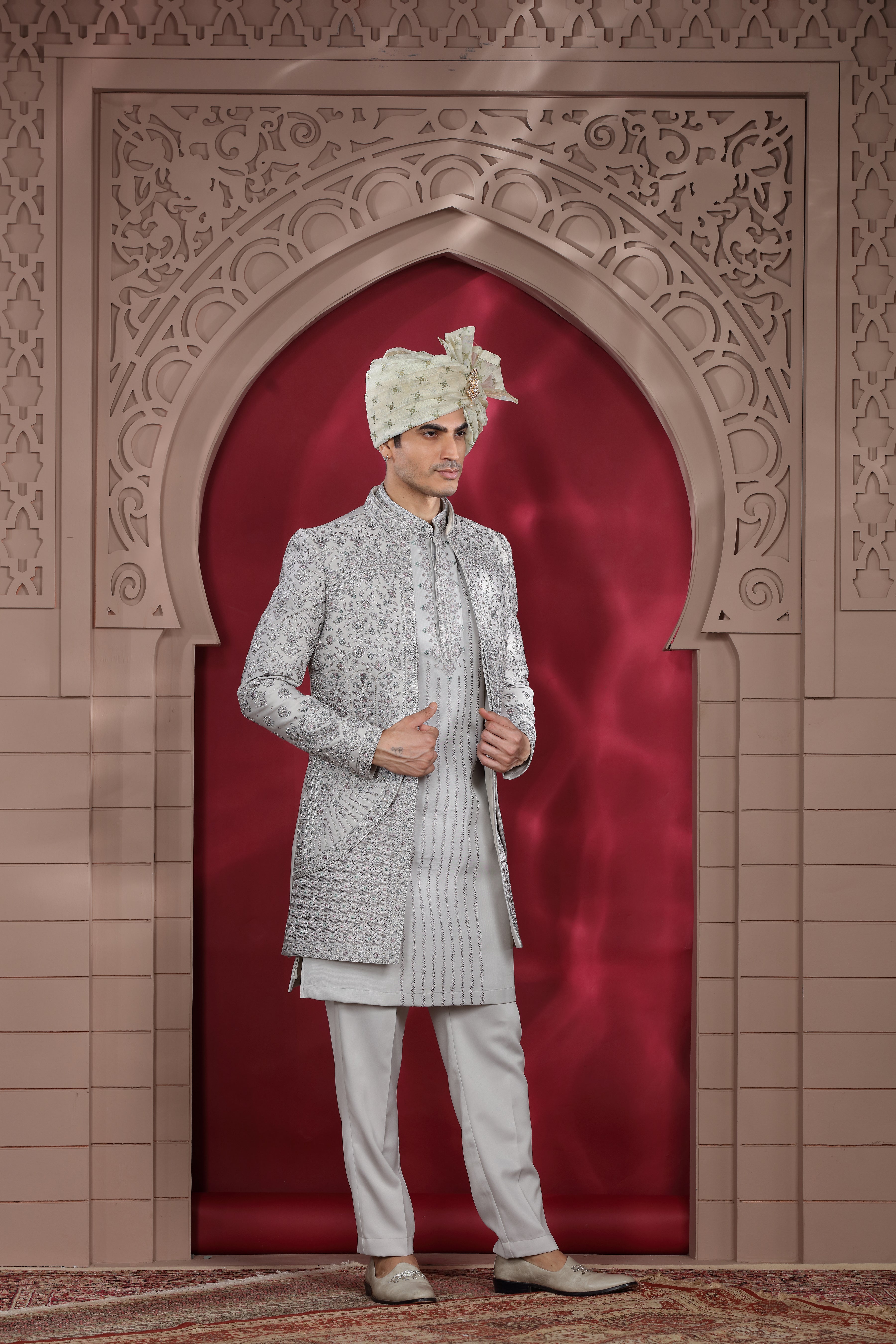 Grey Silk Indo Western with Silver Work