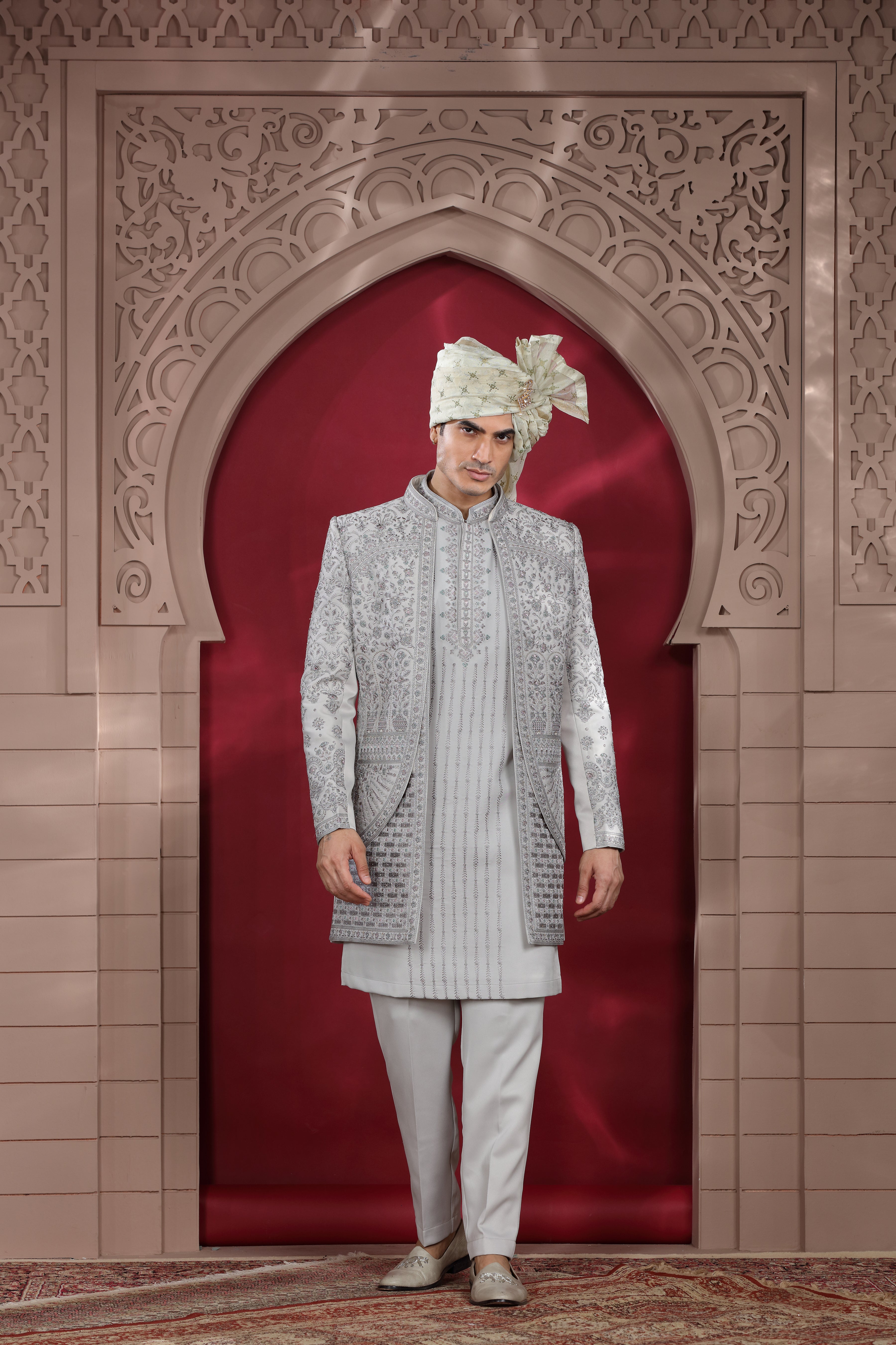 Grey Silk Indo Western with Silver Work