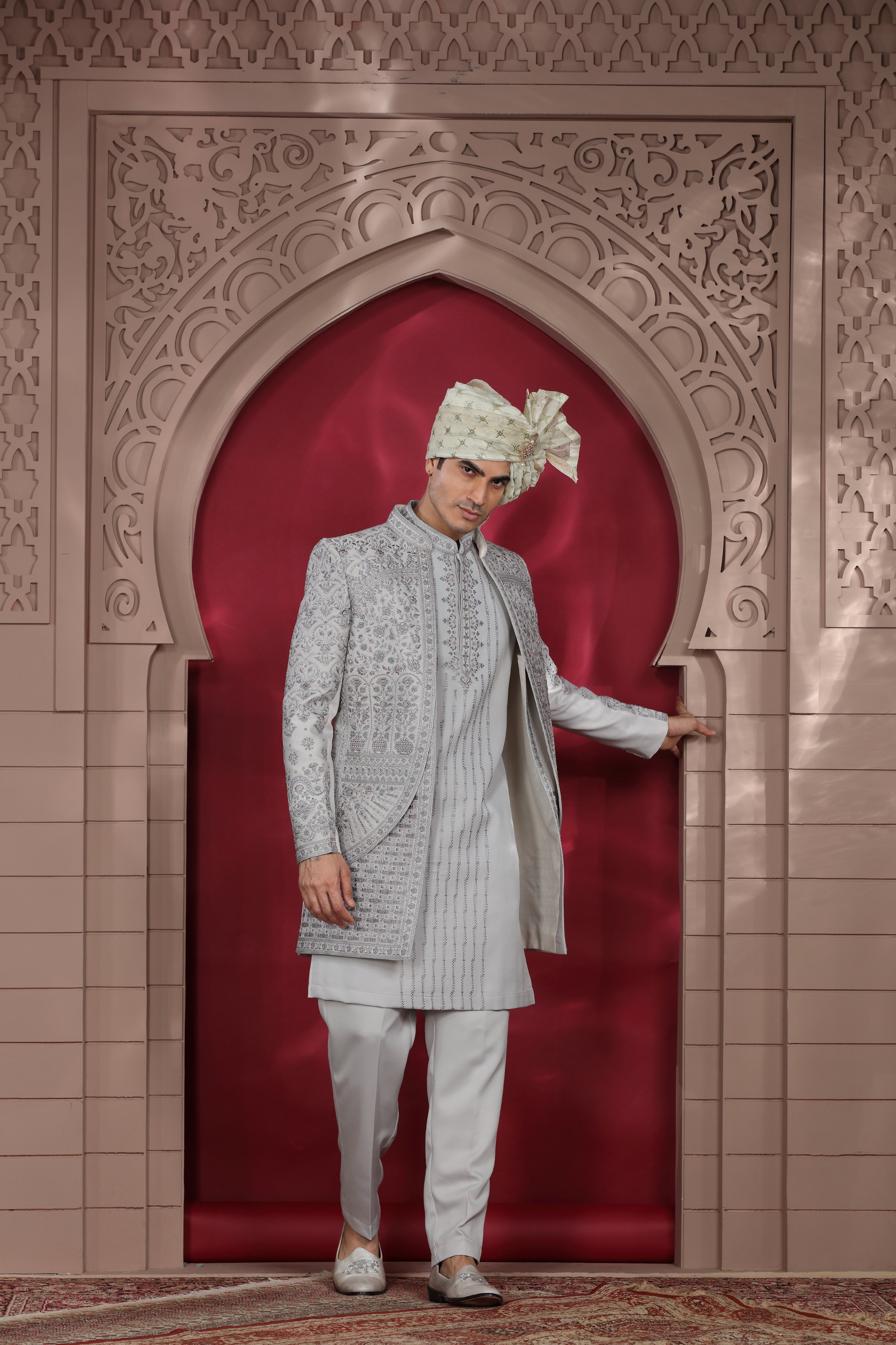 Grey Silk Indo Western with Silver Work