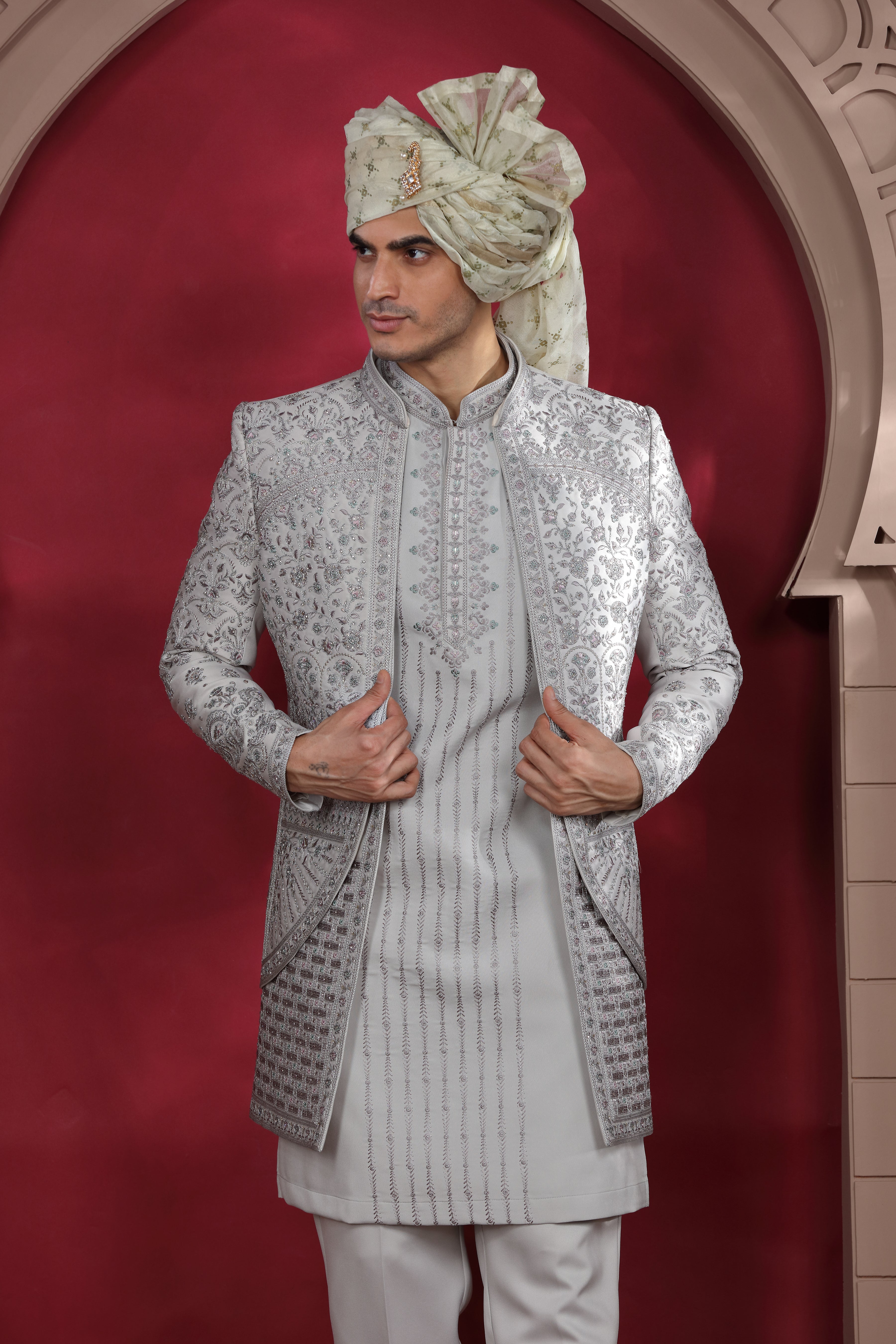 Grey Silk Indo Western with Silver Work