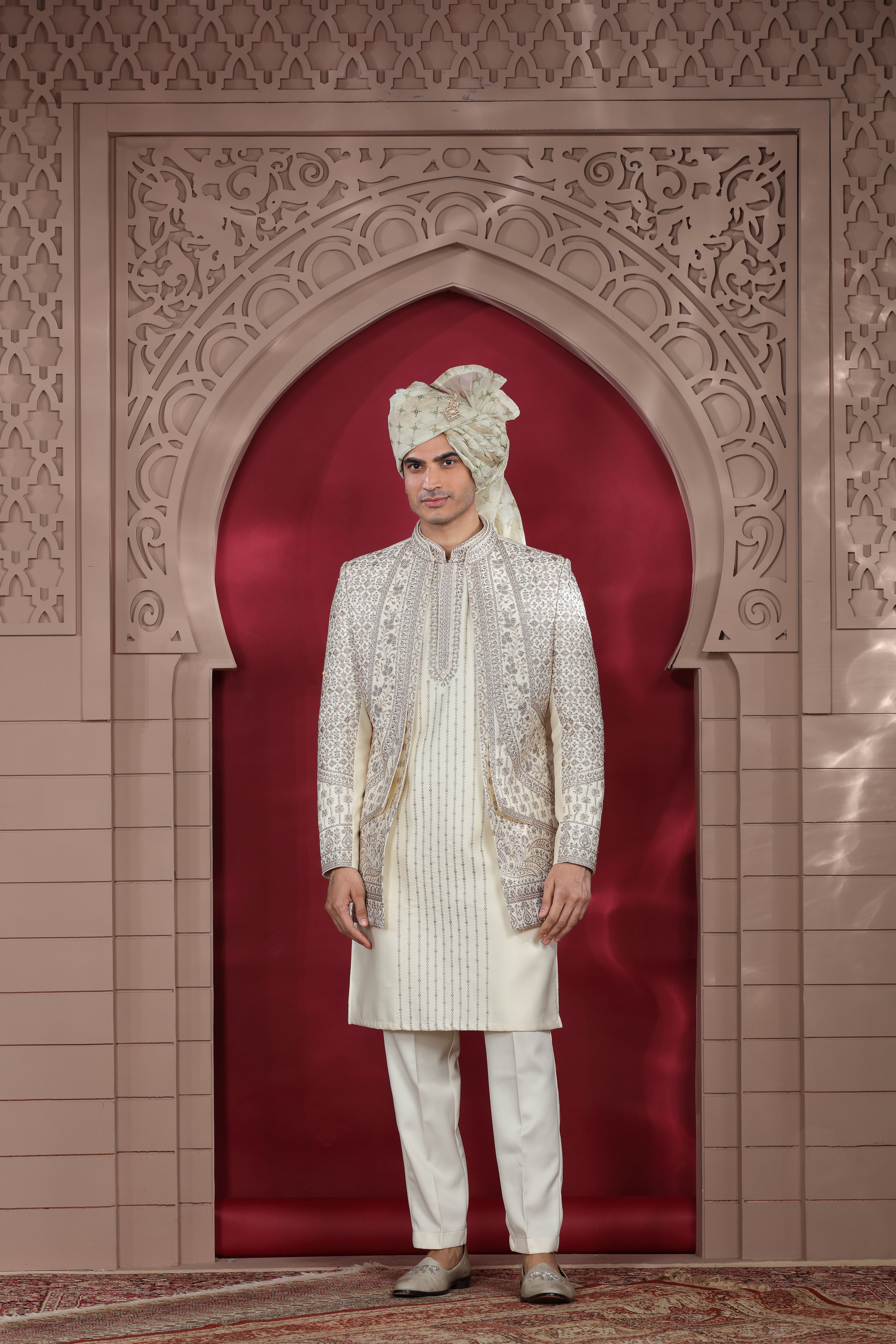 Cream Silk Indo Western with Kasab & Aari Work