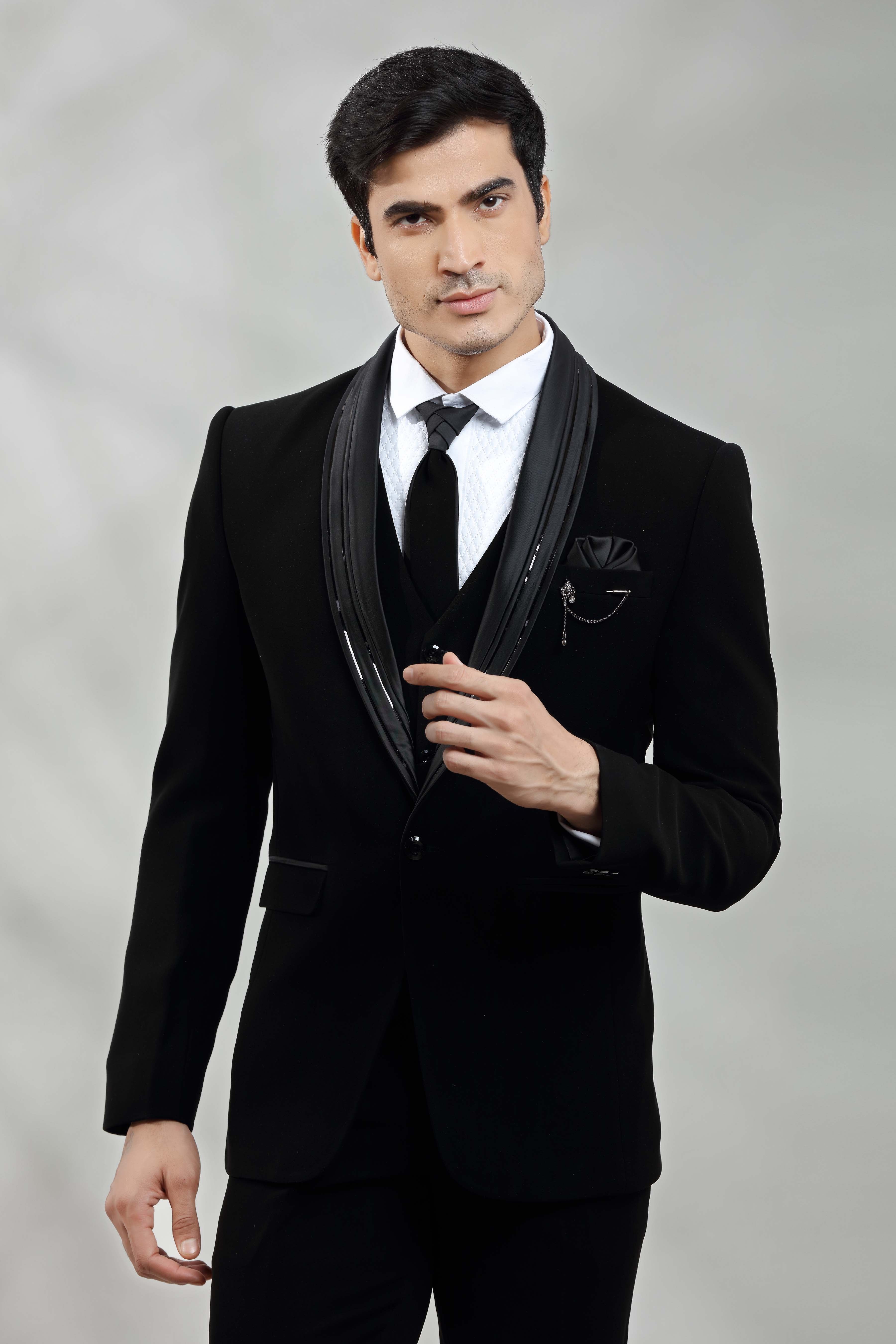 Black Tuxedo Suit with Sequins Details Paired with Classic Vest, Shirt, Pants and Tie (S) 36 Black