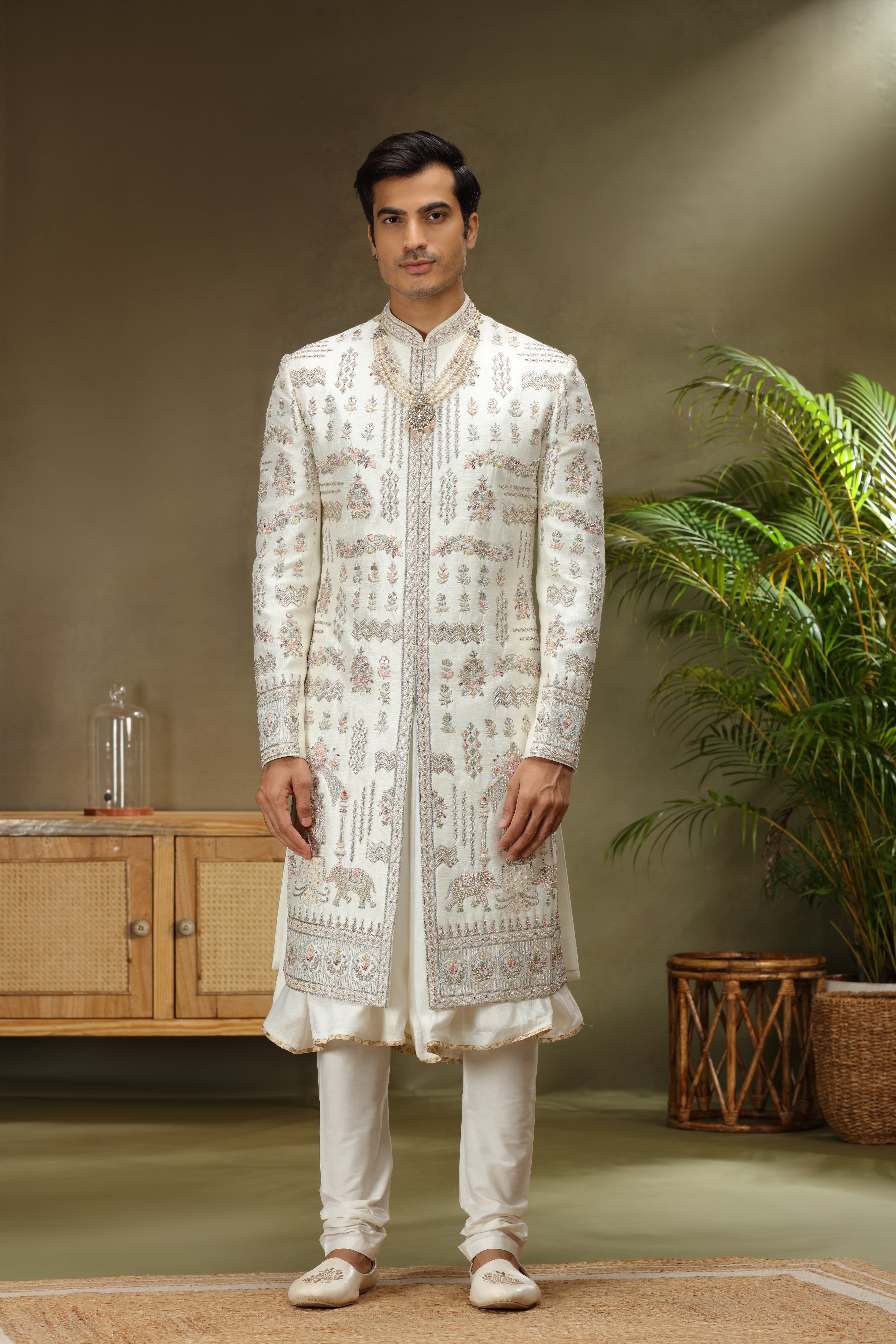 Ivory Art Silk Sherwani with Zardoshi Resham Kasab Work