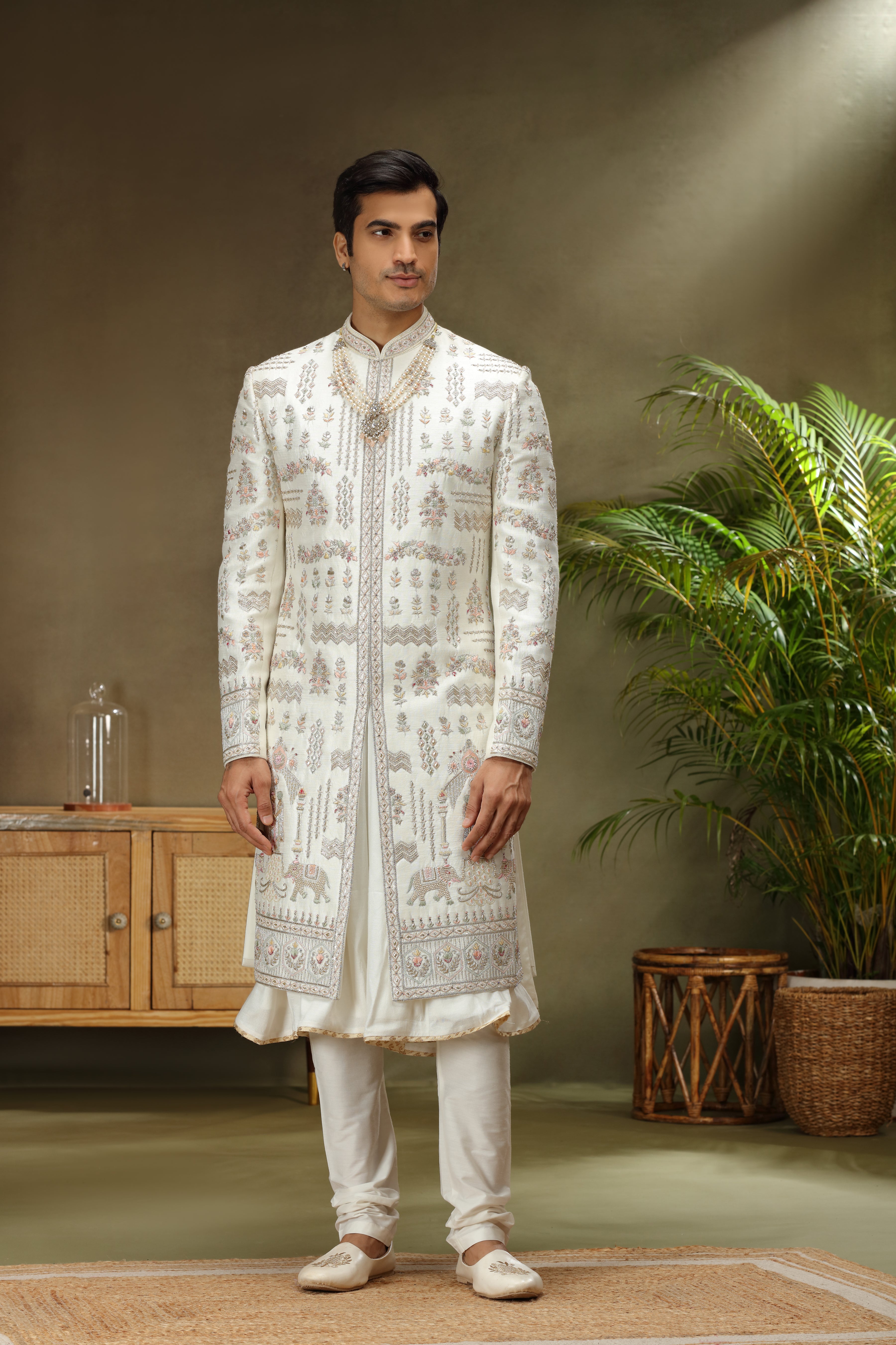 Ivory Art Silk Sherwani with Zardoshi Resham Kasab Work