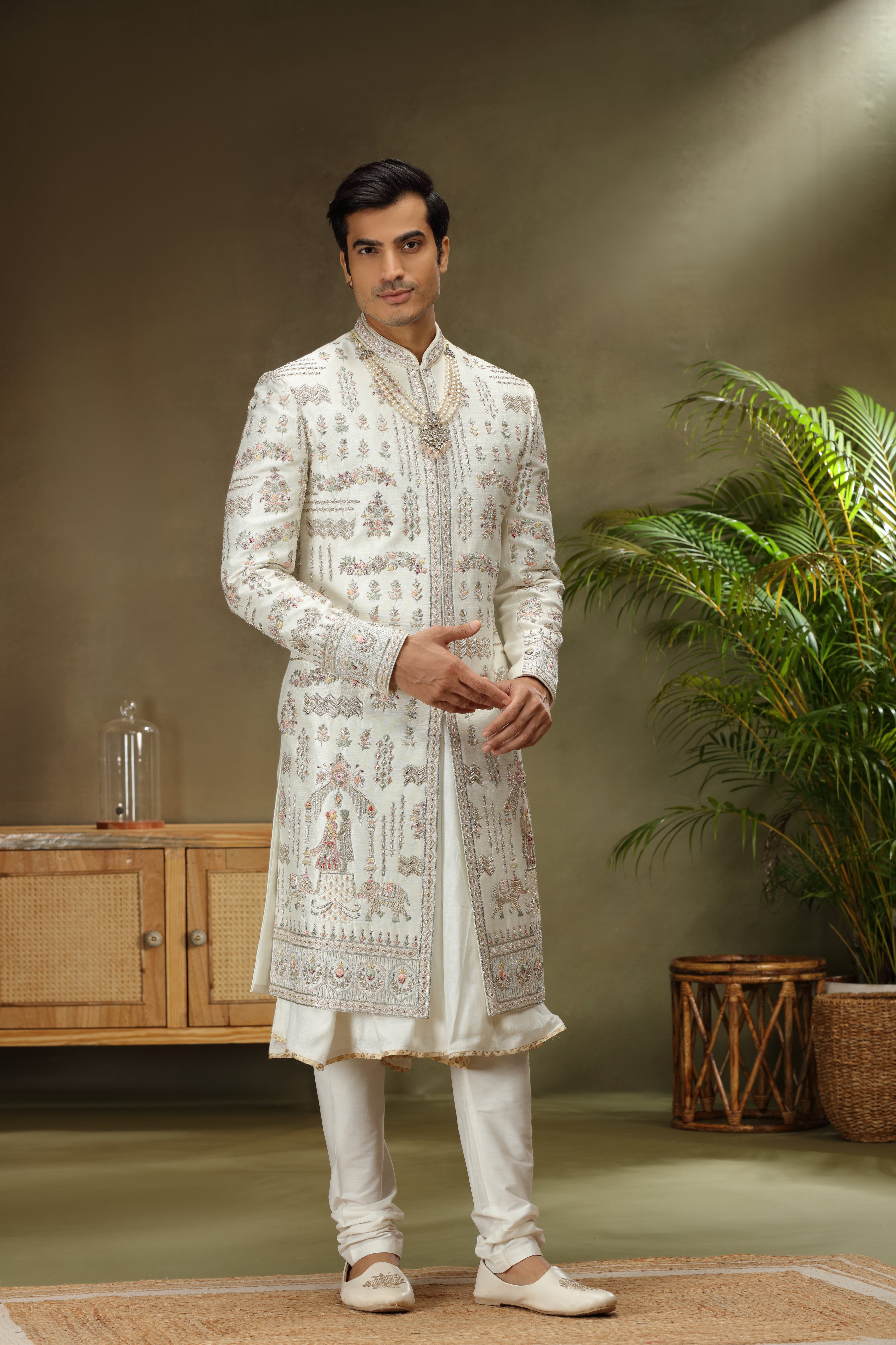 Ivory Art Silk Sherwani with Zardoshi Resham Kasab Work