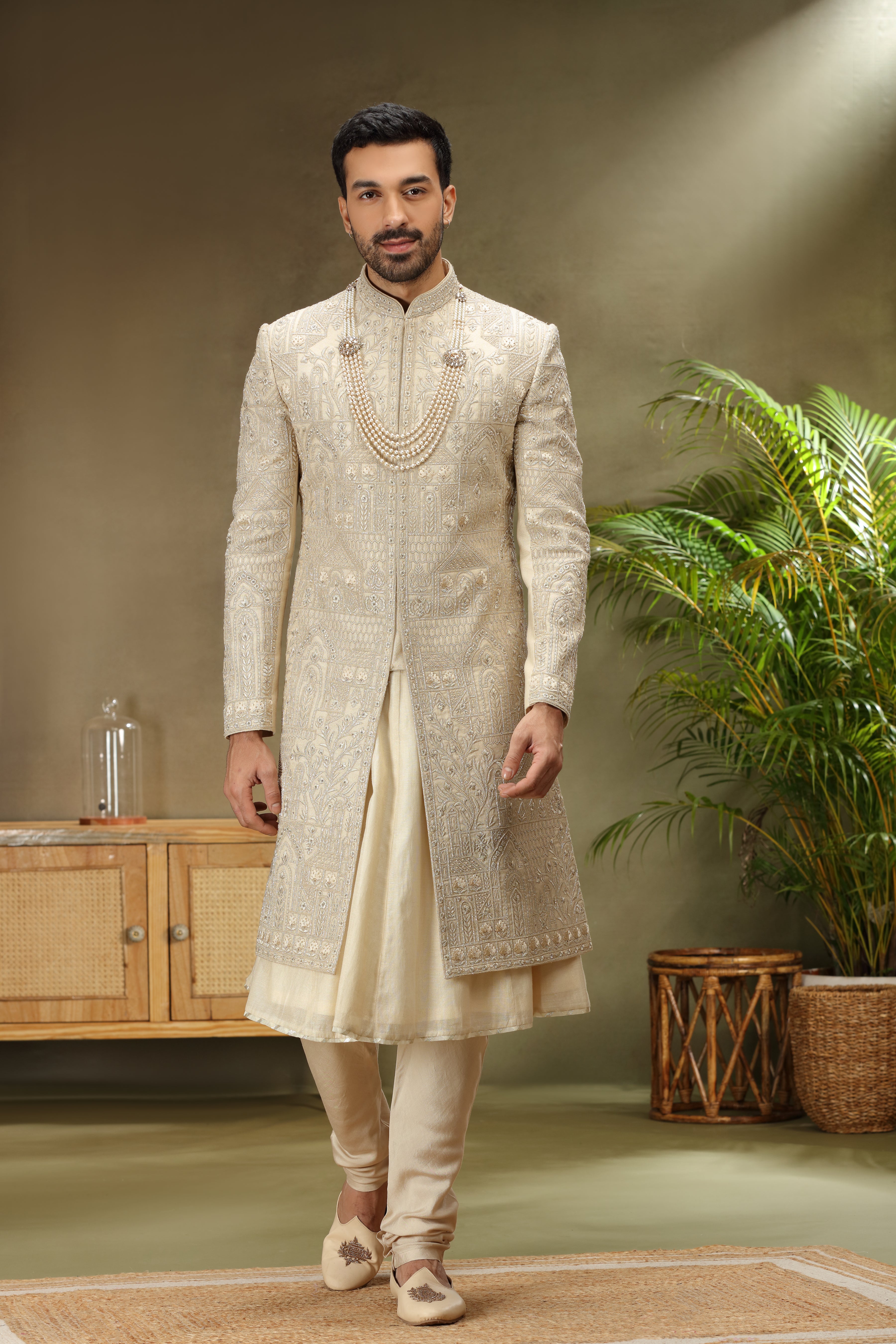 Cream Silk Sherwani with Zardoshi, Resham & Kasab Work