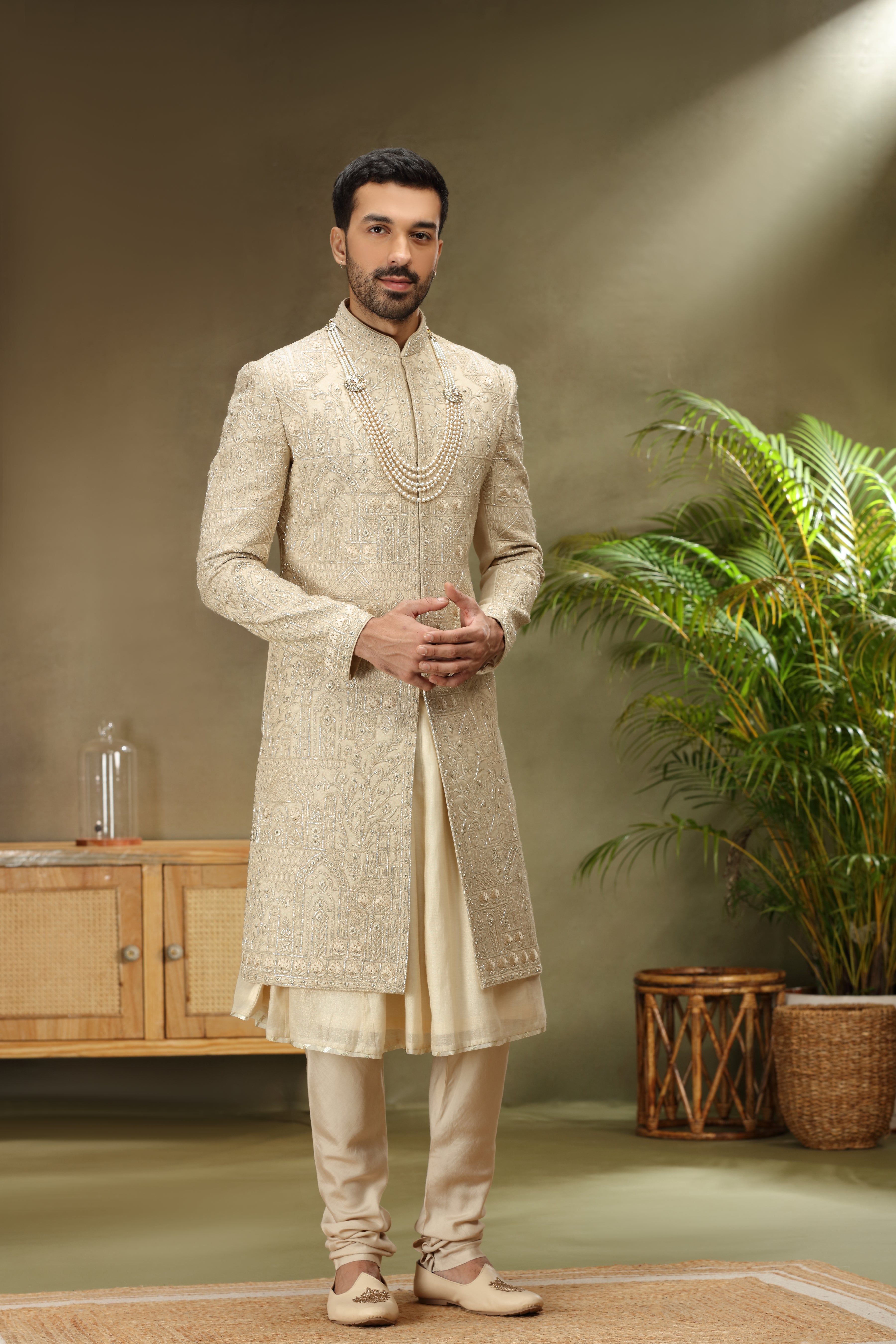 Cream Silk Sherwani with Zardoshi, Resham & Kasab Work