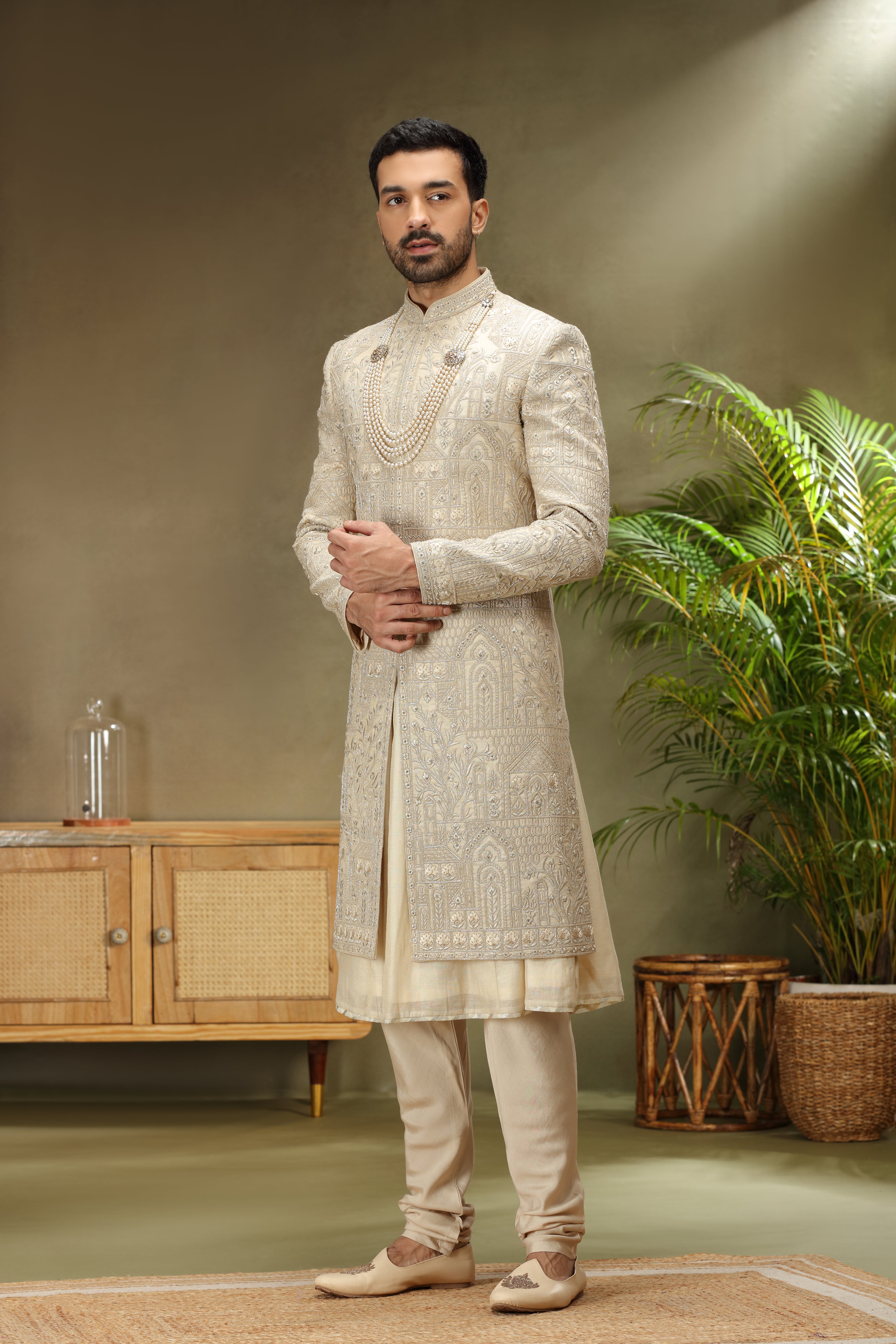 Cream Silk Sherwani with Zardoshi, Resham & Kasab Work