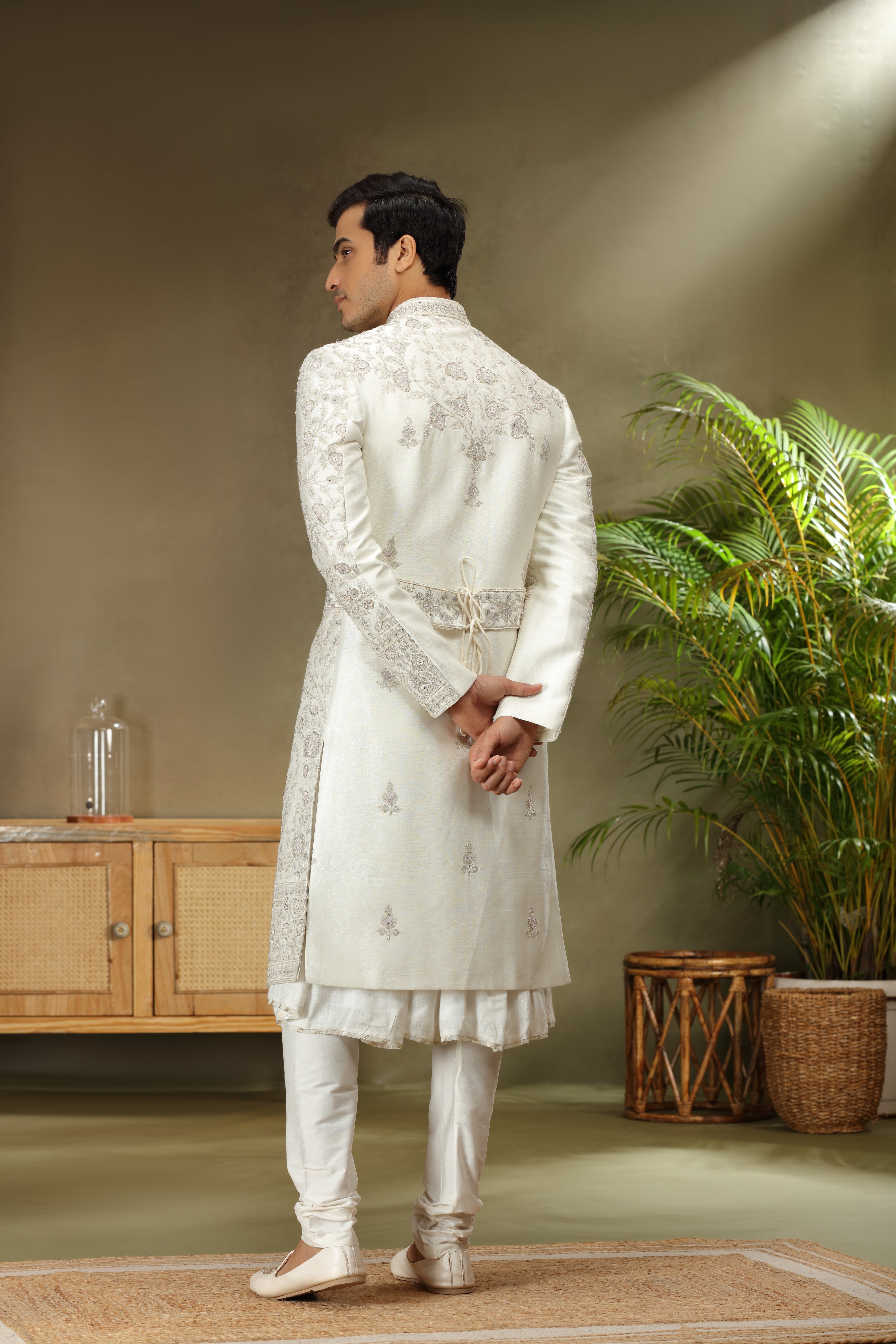 Ivory Silk Sherwani with Zardoshi Resham Kasab Work