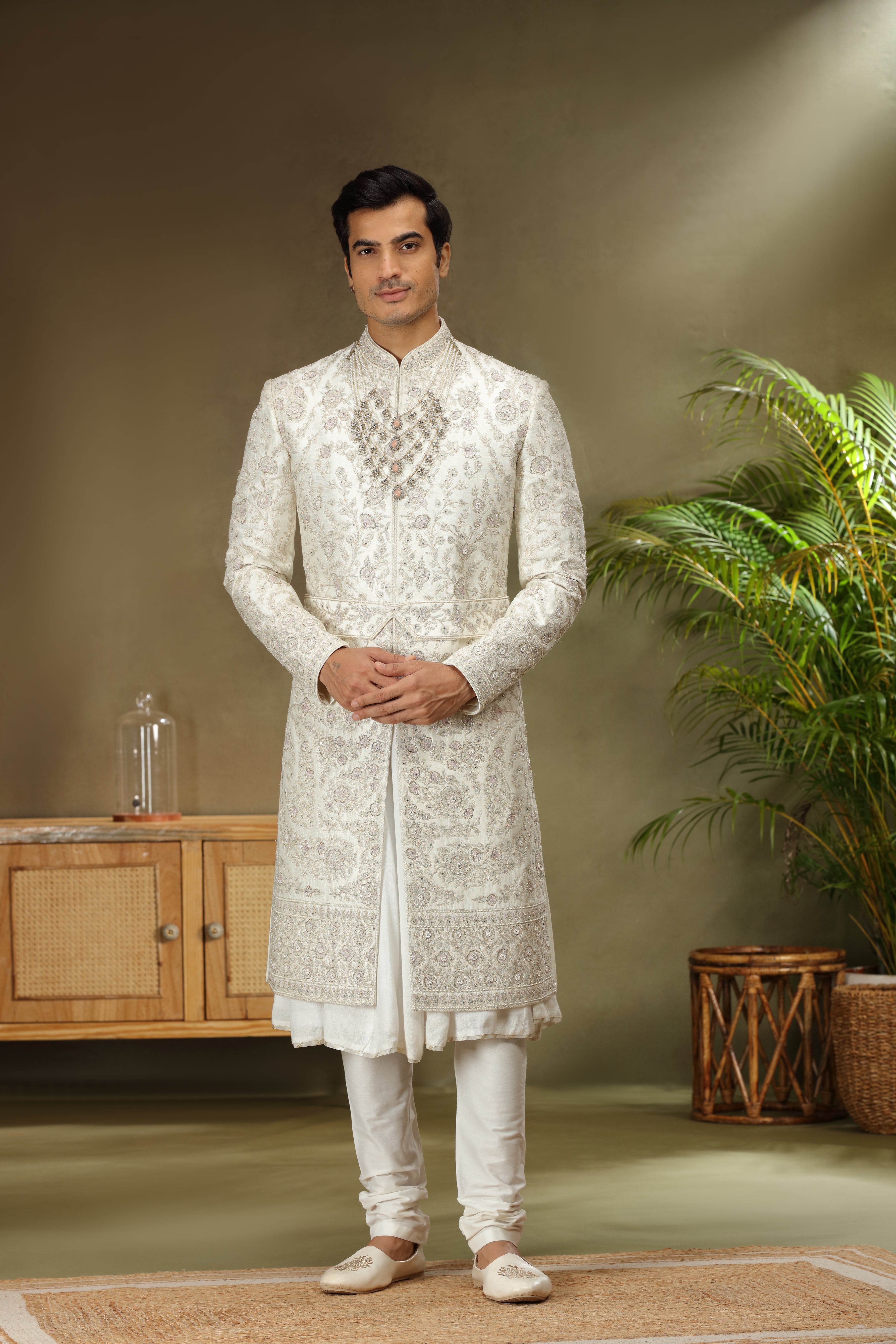 Ivory Silk Sherwani with Zardoshi Resham Kasab Work