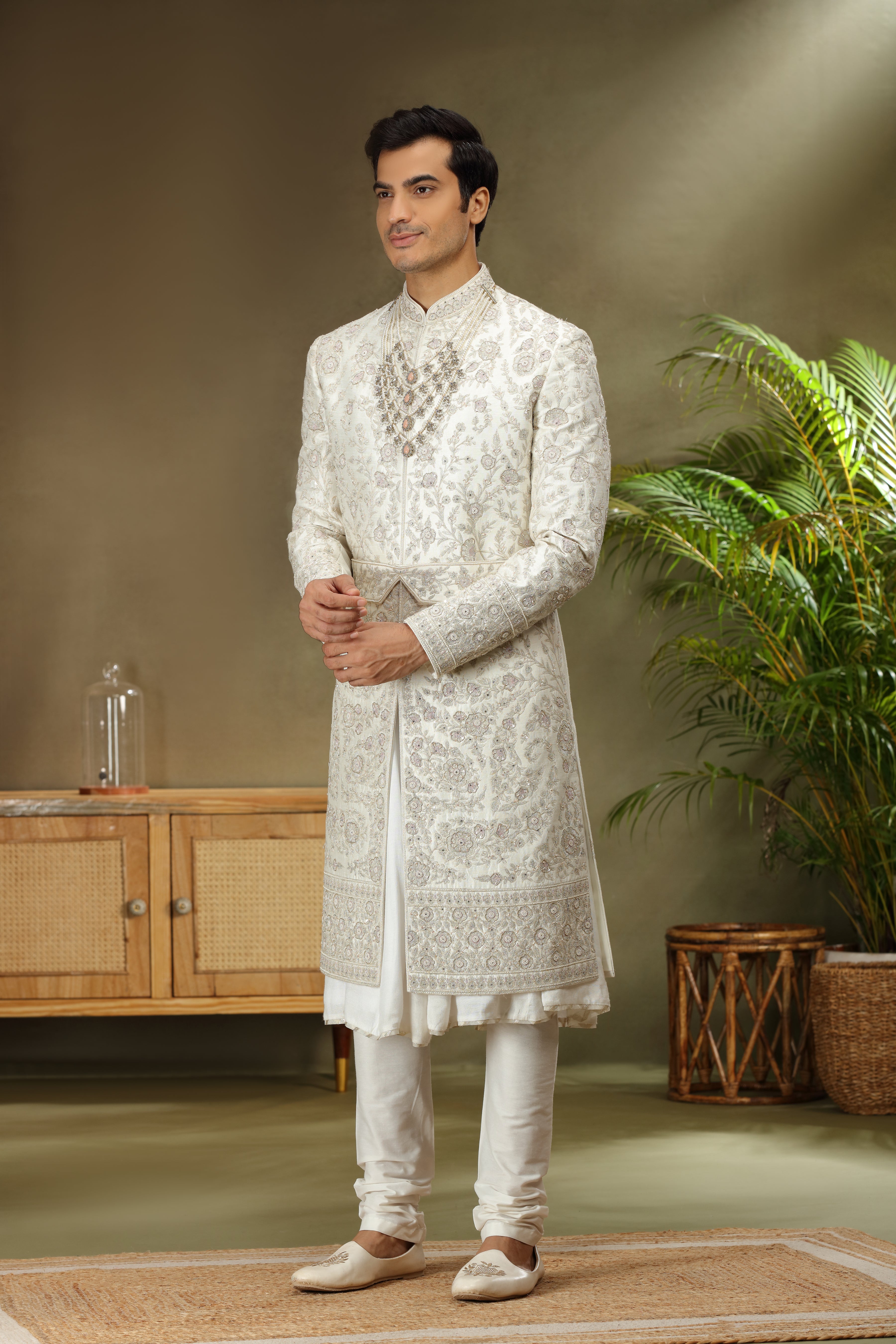 Ivory Silk Sherwani with Zardoshi Resham Kasab Work