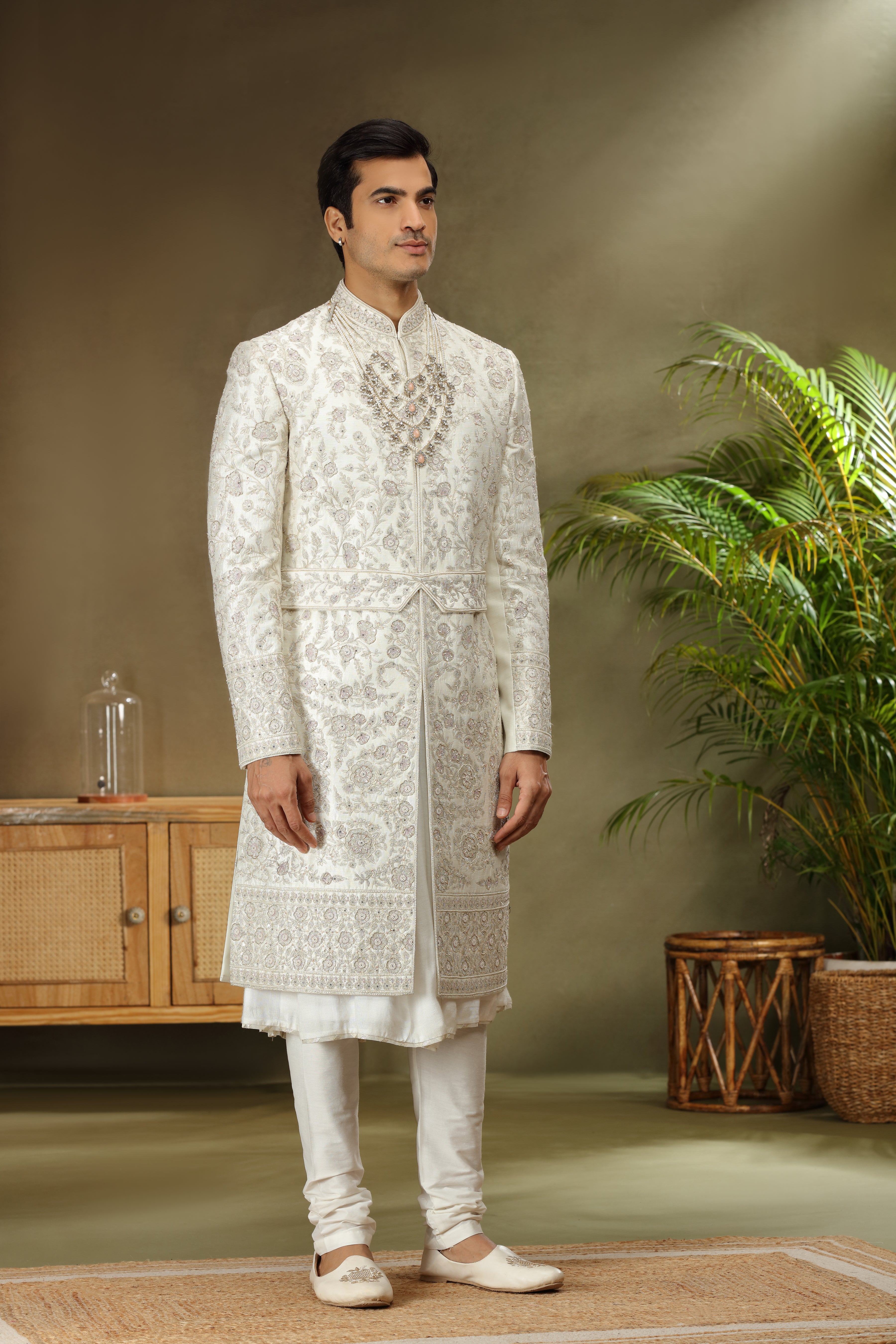 Ivory Silk Sherwani with Zardoshi Resham Kasab Work