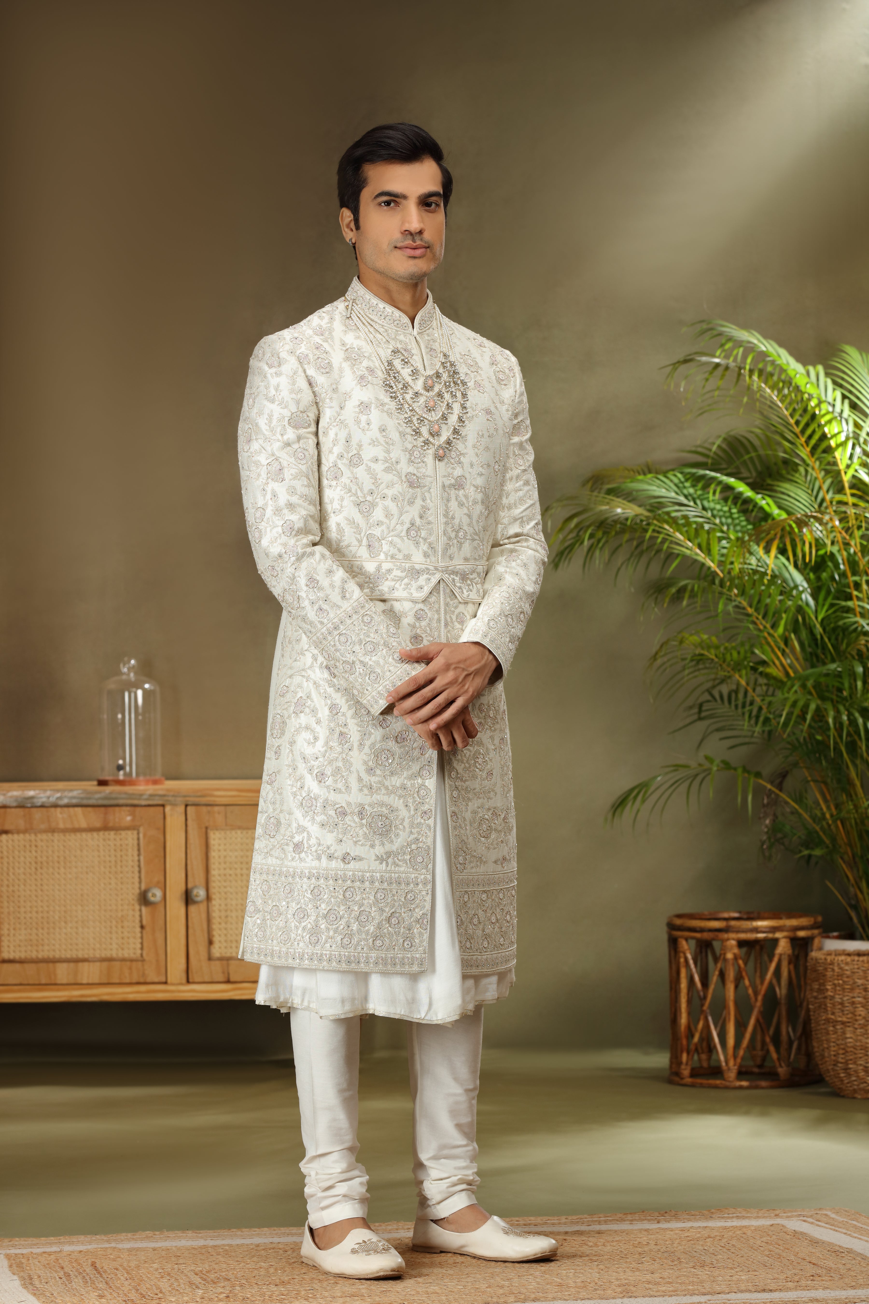 Ivory Silk Sherwani with Zardoshi Resham Kasab Work