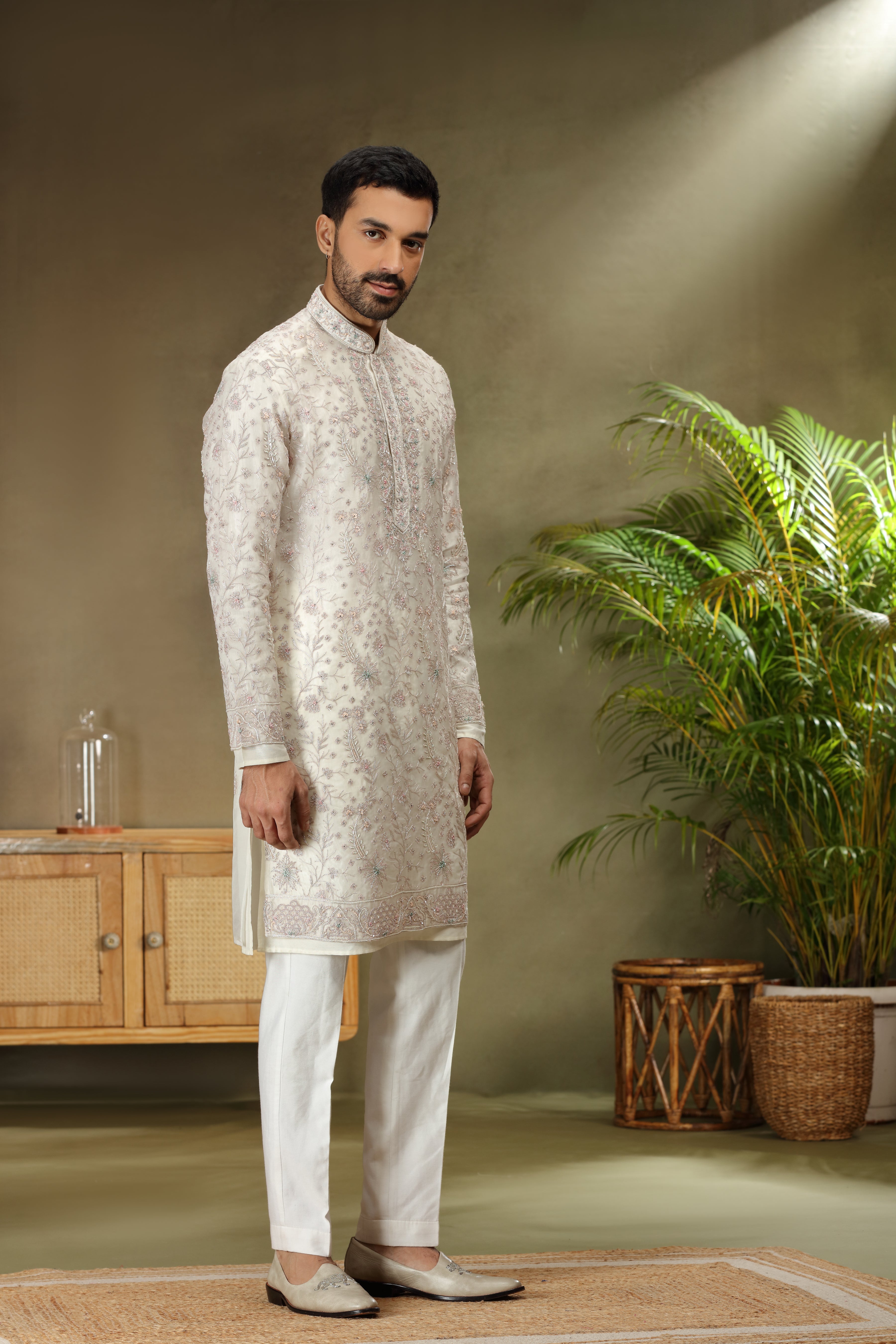 Off White Silk Kurta with Beads - Dori Work