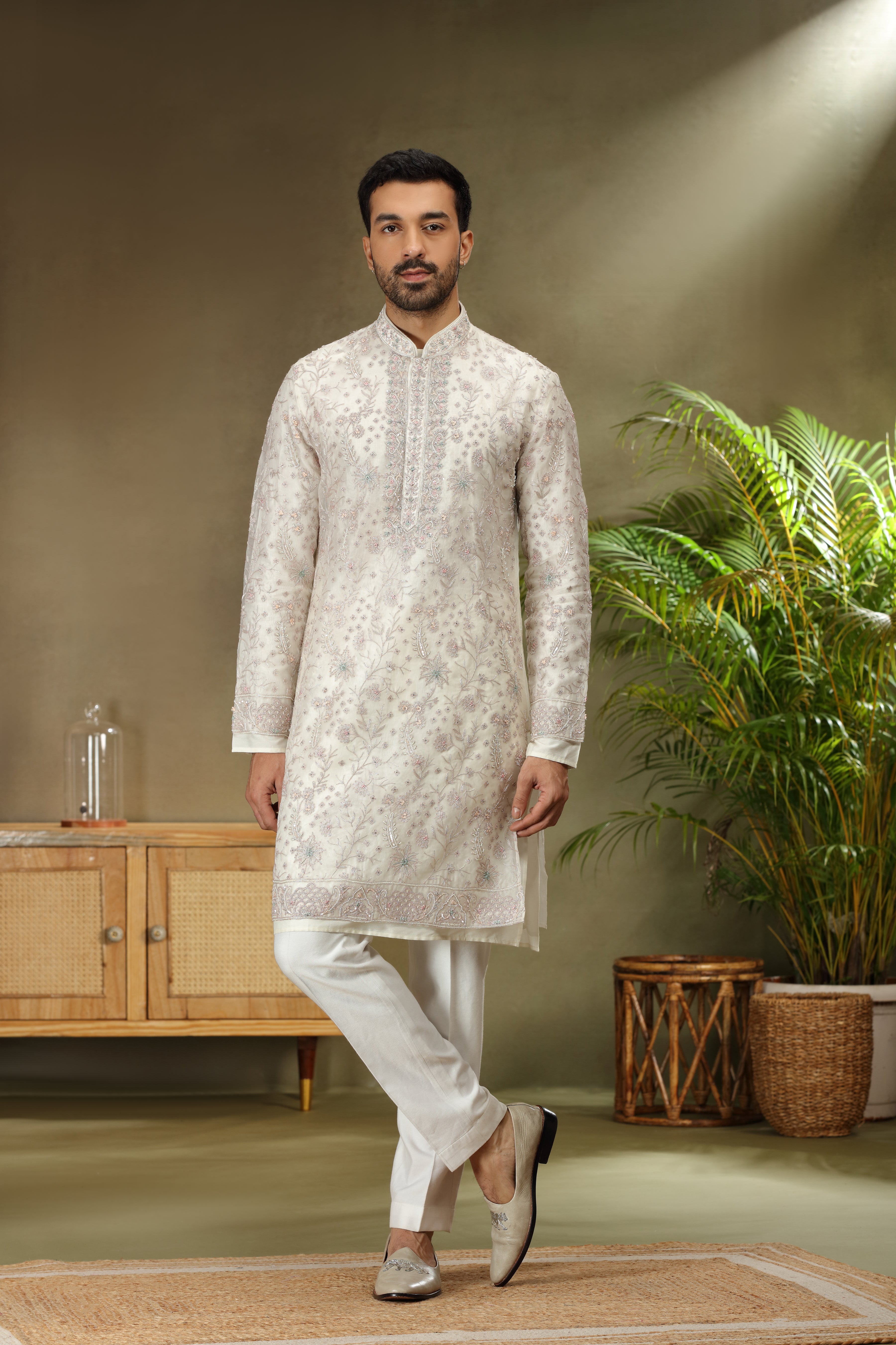 Off White Silk Kurta with Beads - Dori Work