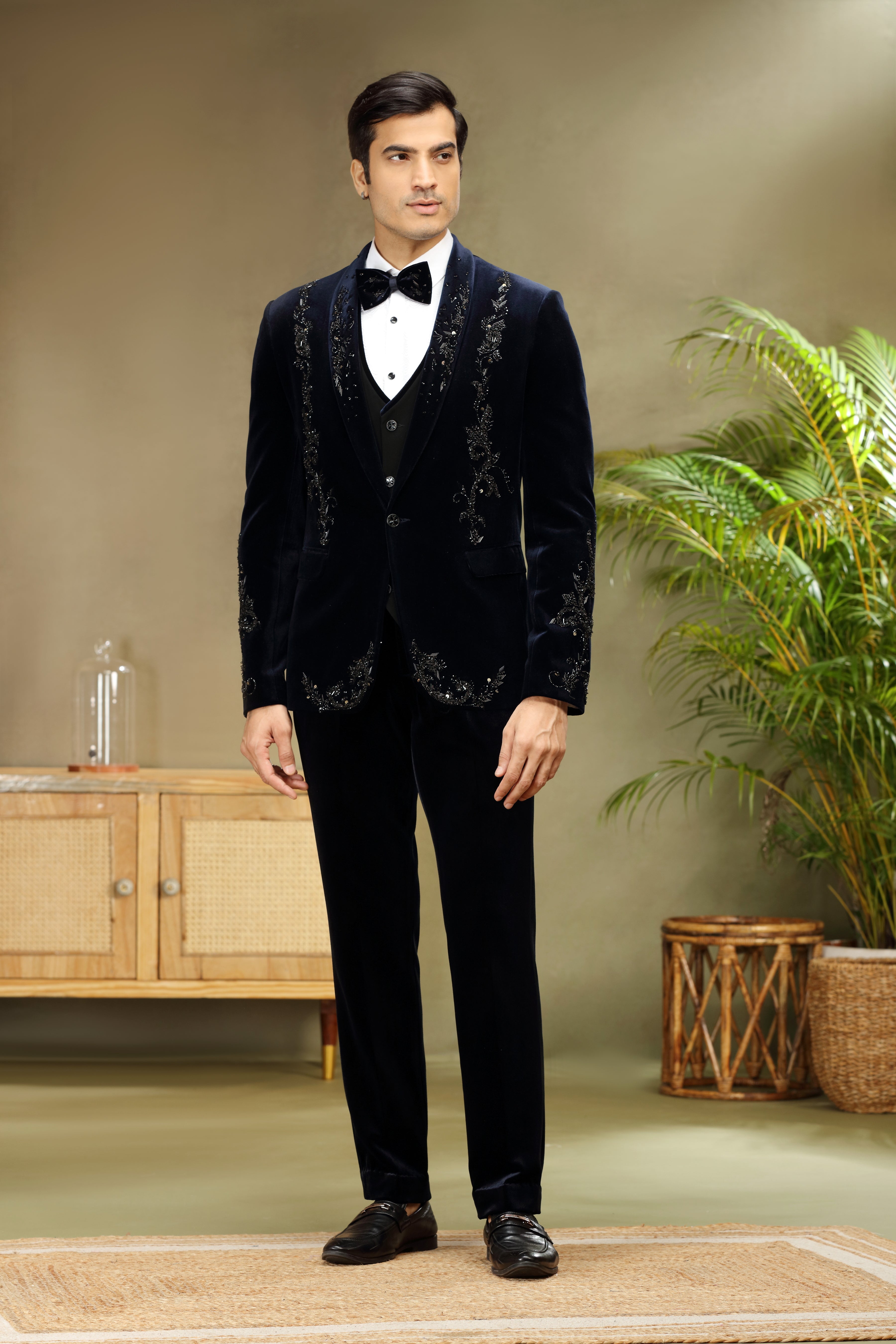 Navy Blue Velvet Tuxedo with Cutdana Work