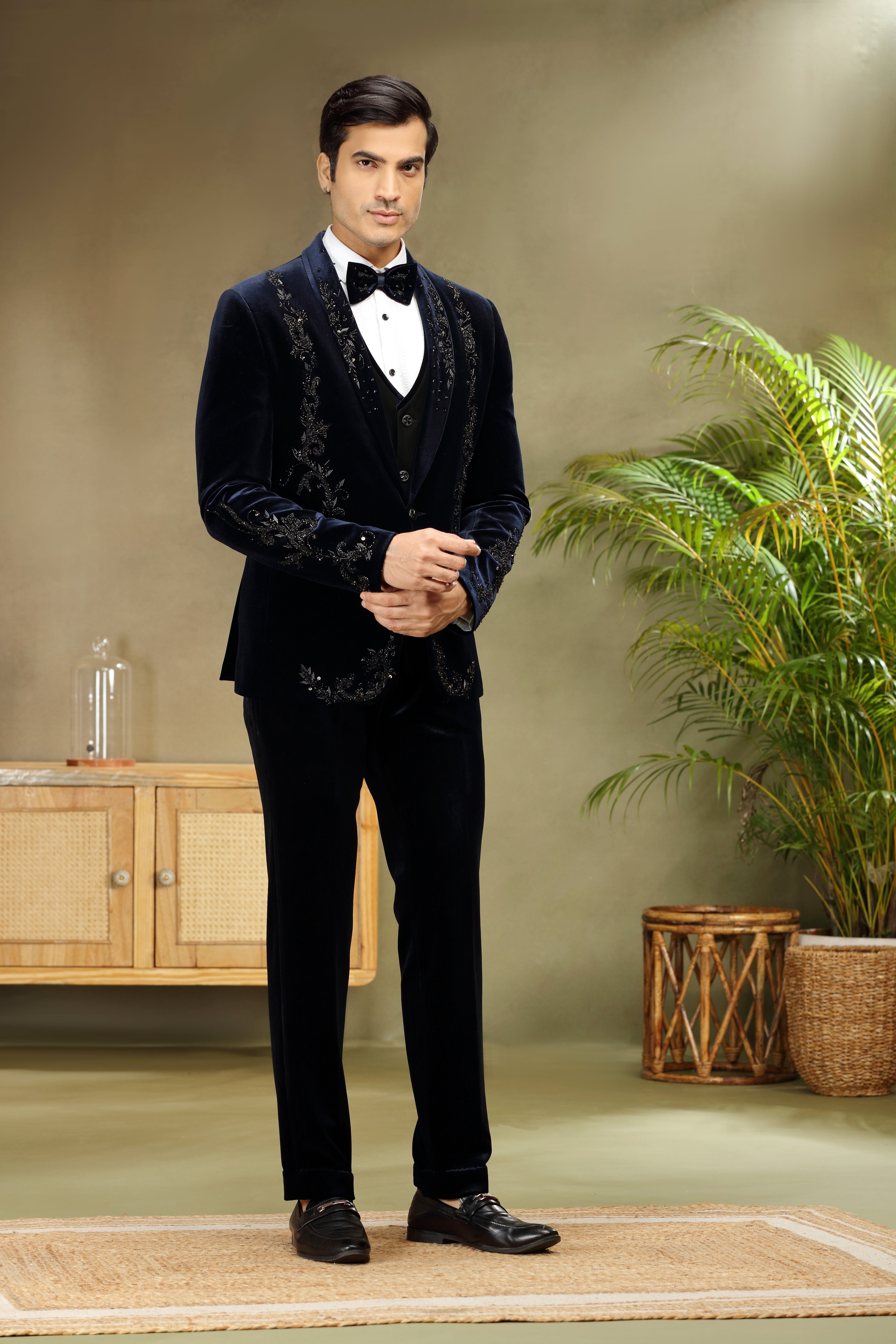 Navy Blue Velvet Tuxedo with Cutdana Work