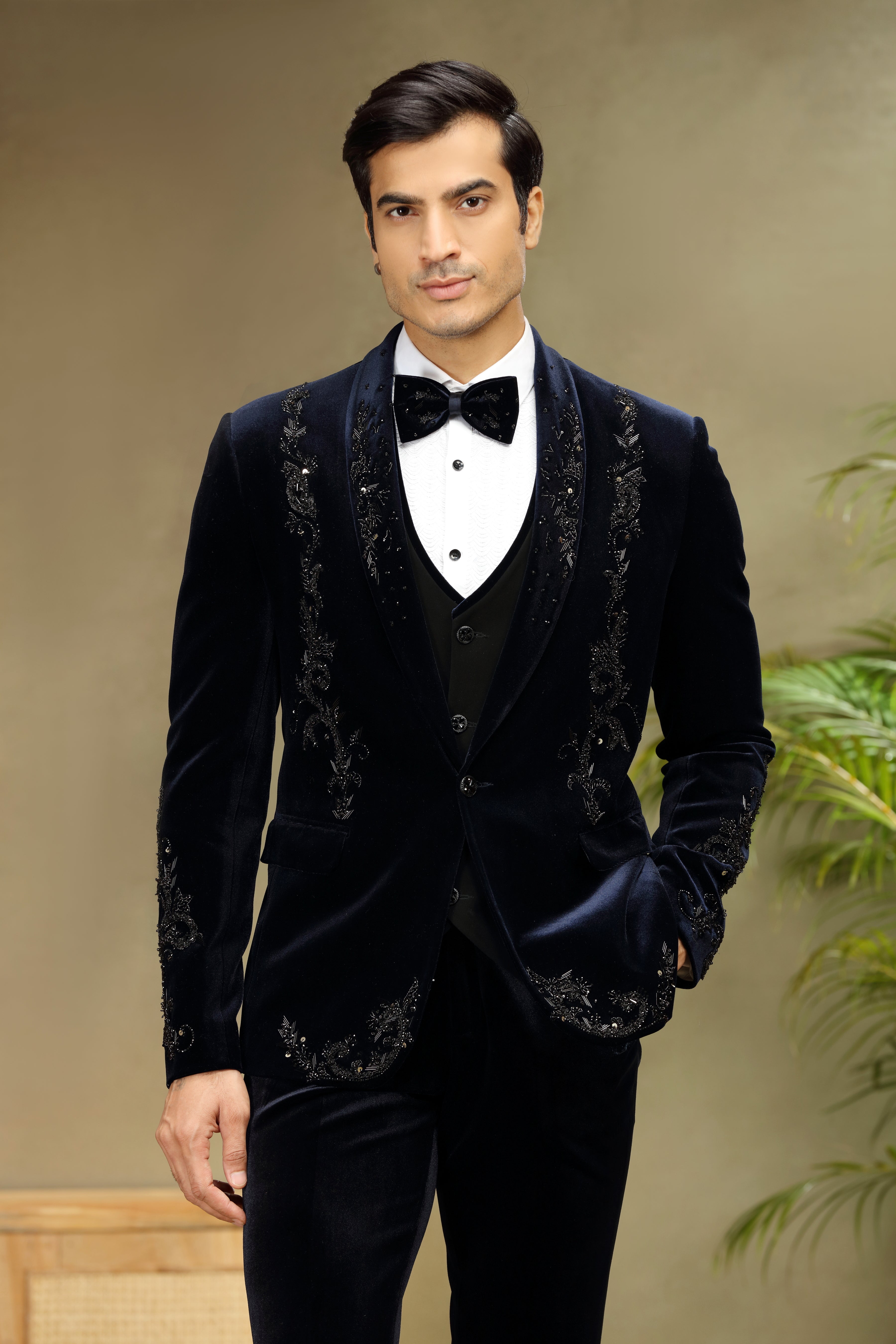 Navy Blue Velvet Tuxedo with Cutdana Work