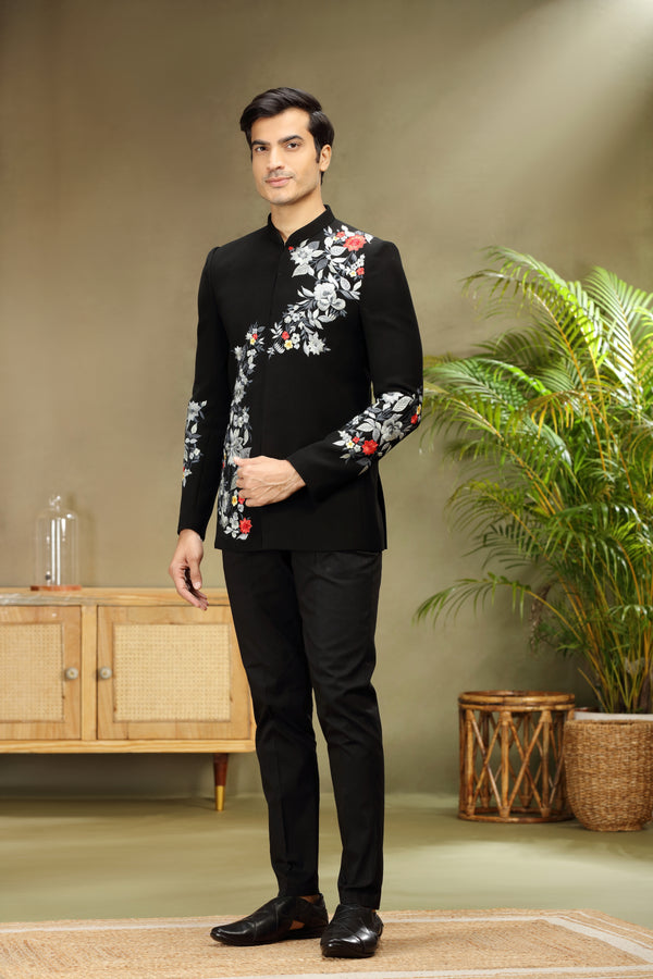 Black Jodhpuri Suit with Resham Work Classic Style