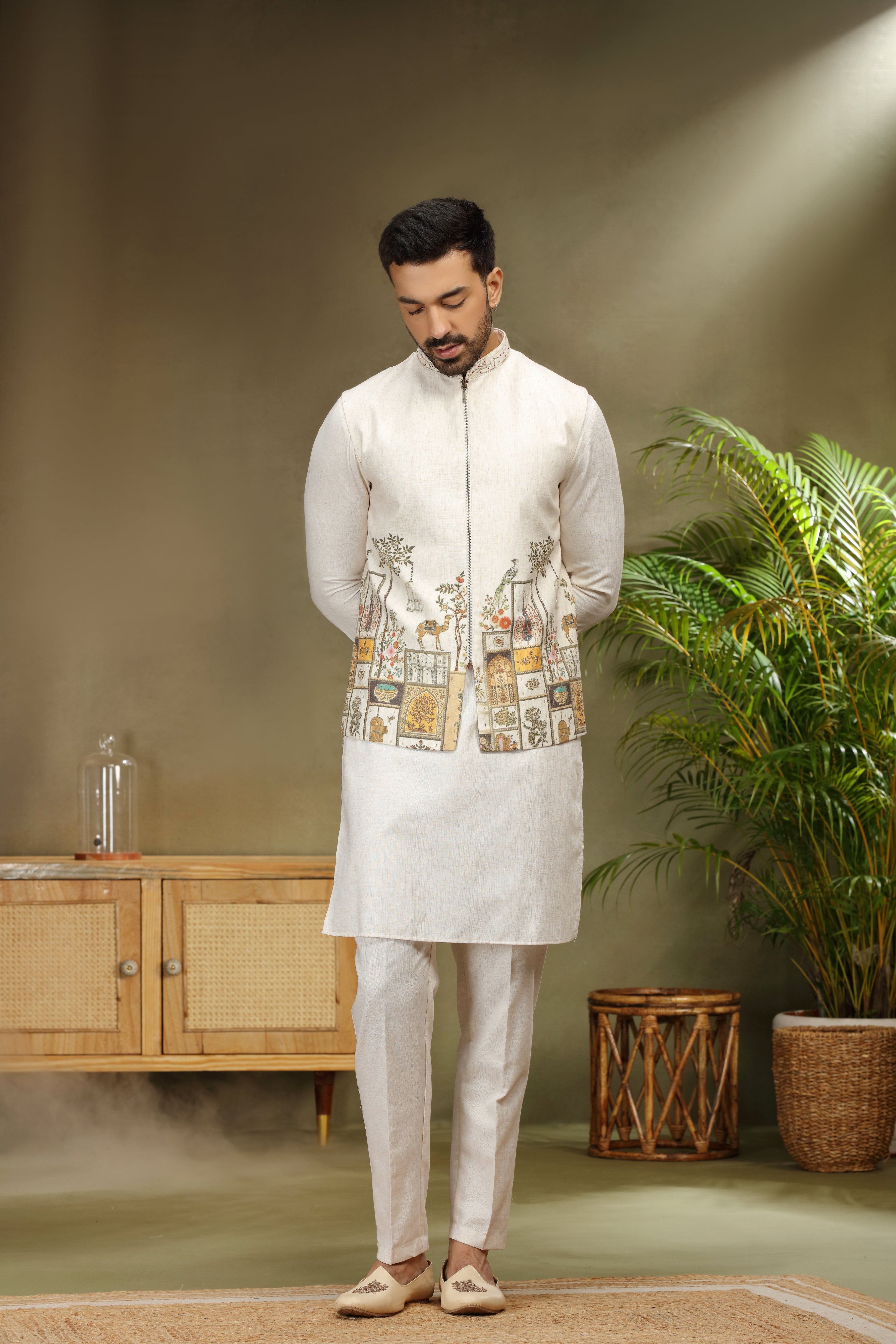 Cream Silk Koti Kurta with Print and Cutdana Work