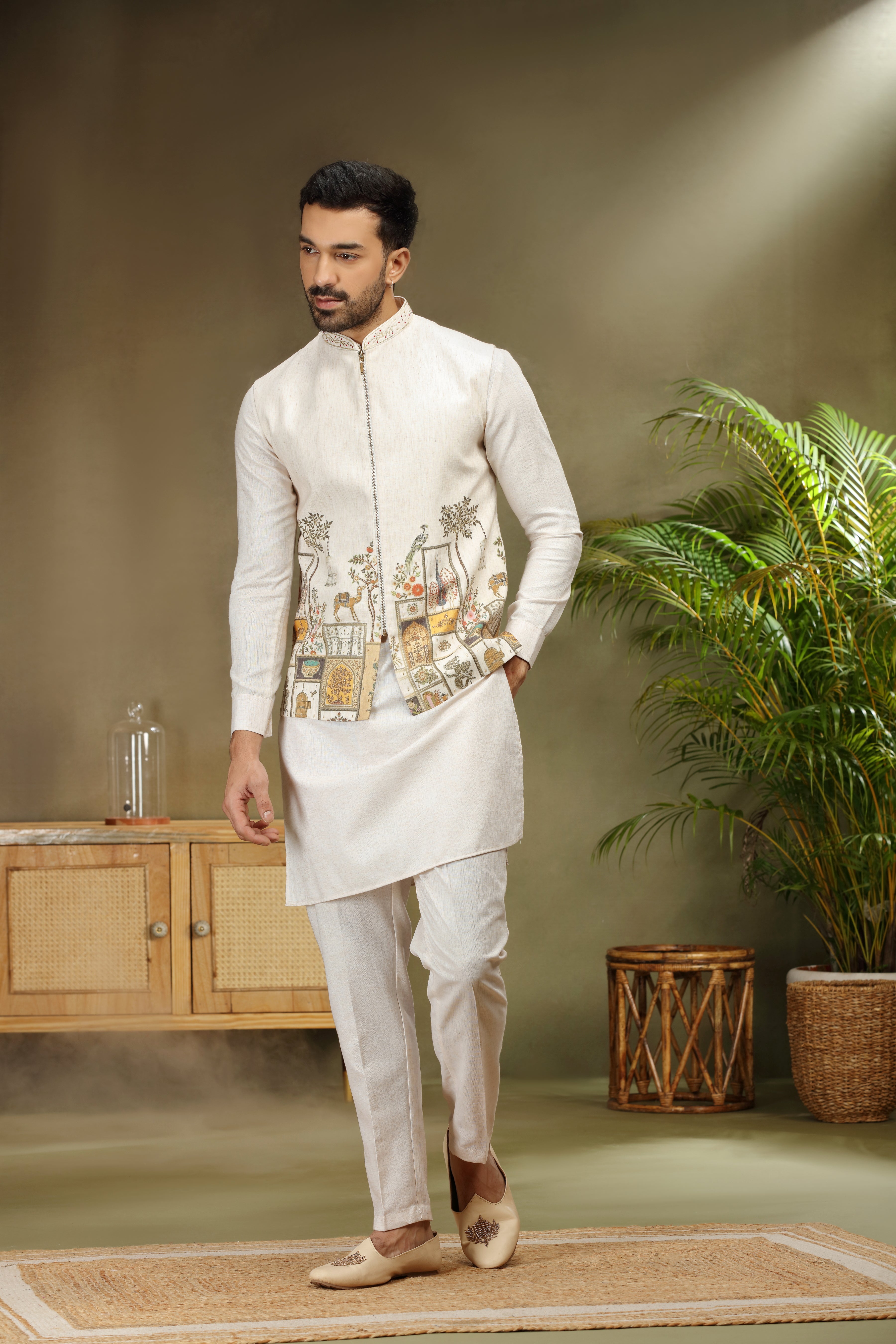 Cream Silk Koti Kurta with Print and Cutdana Work