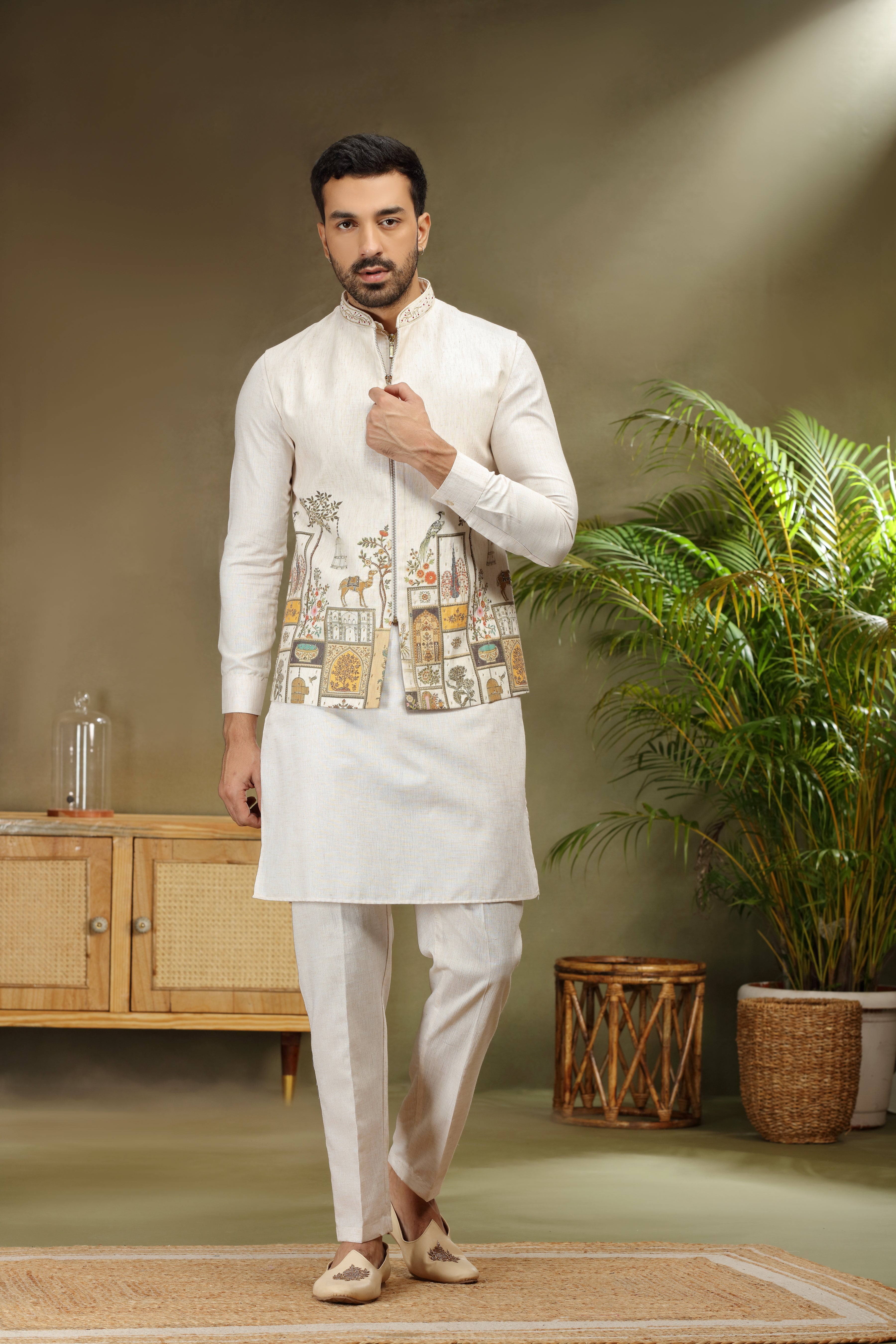 Cream Silk Koti Kurta with Print and Cutdana Work
