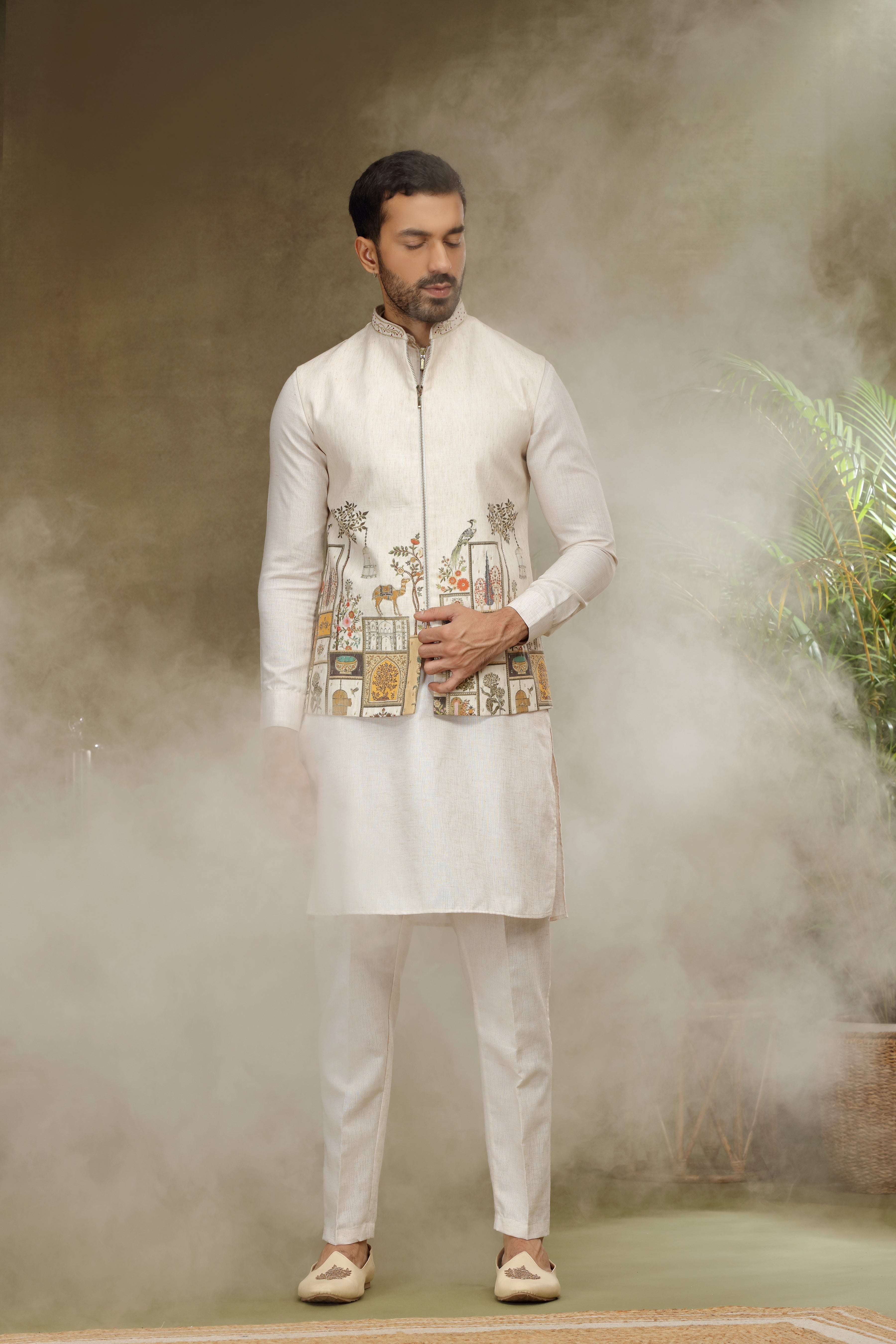 Cream Silk Koti Kurta with Print and Cutdana Work
