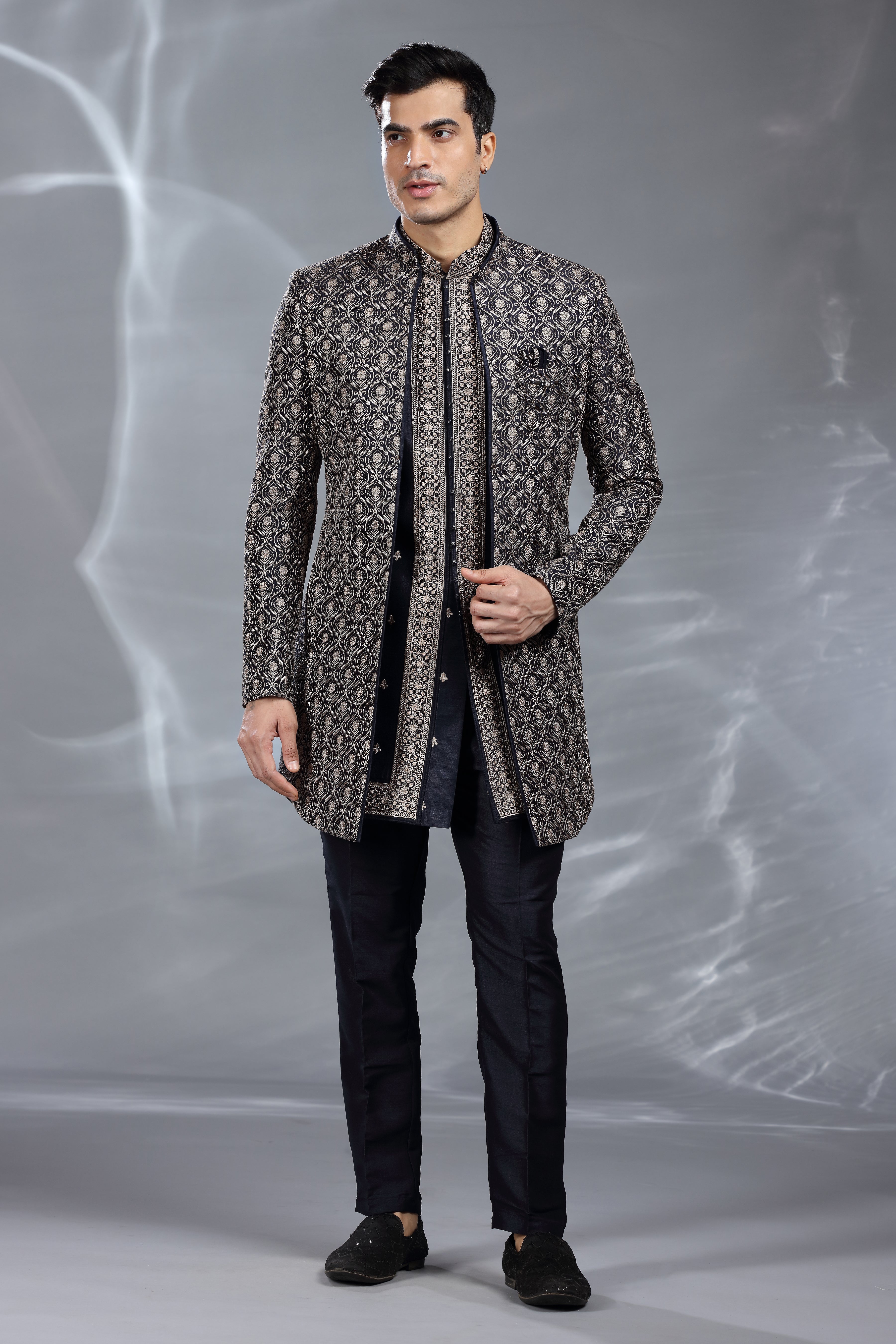 Buy Black Silk Indo Western, Aari & Gold Sequence | Shreeman Buy Black Silk Indo Western, Aari & Gold Sequence | Shreeman