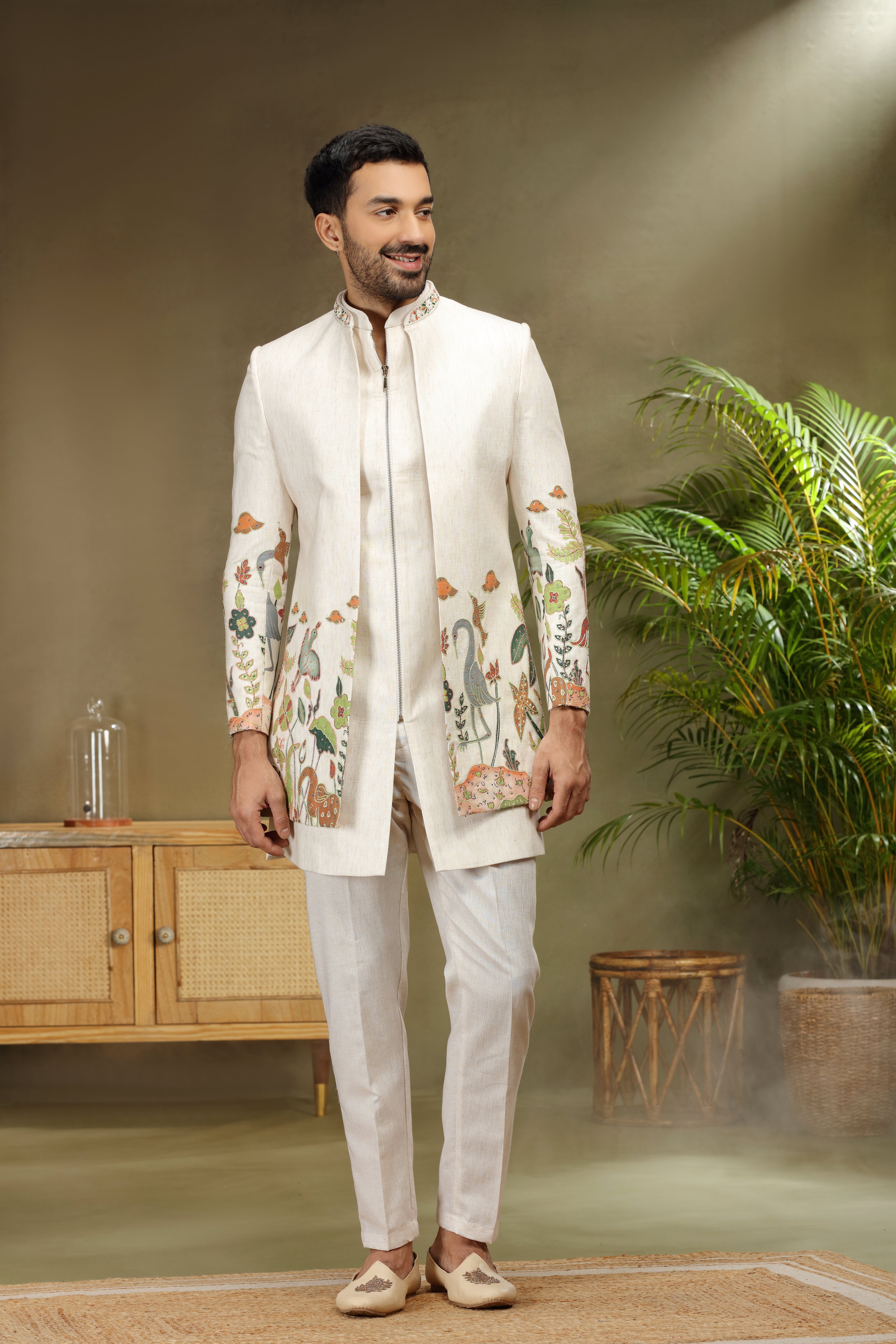 Cream Silk Indo Western with Print, Cutdana and Sequins Work
