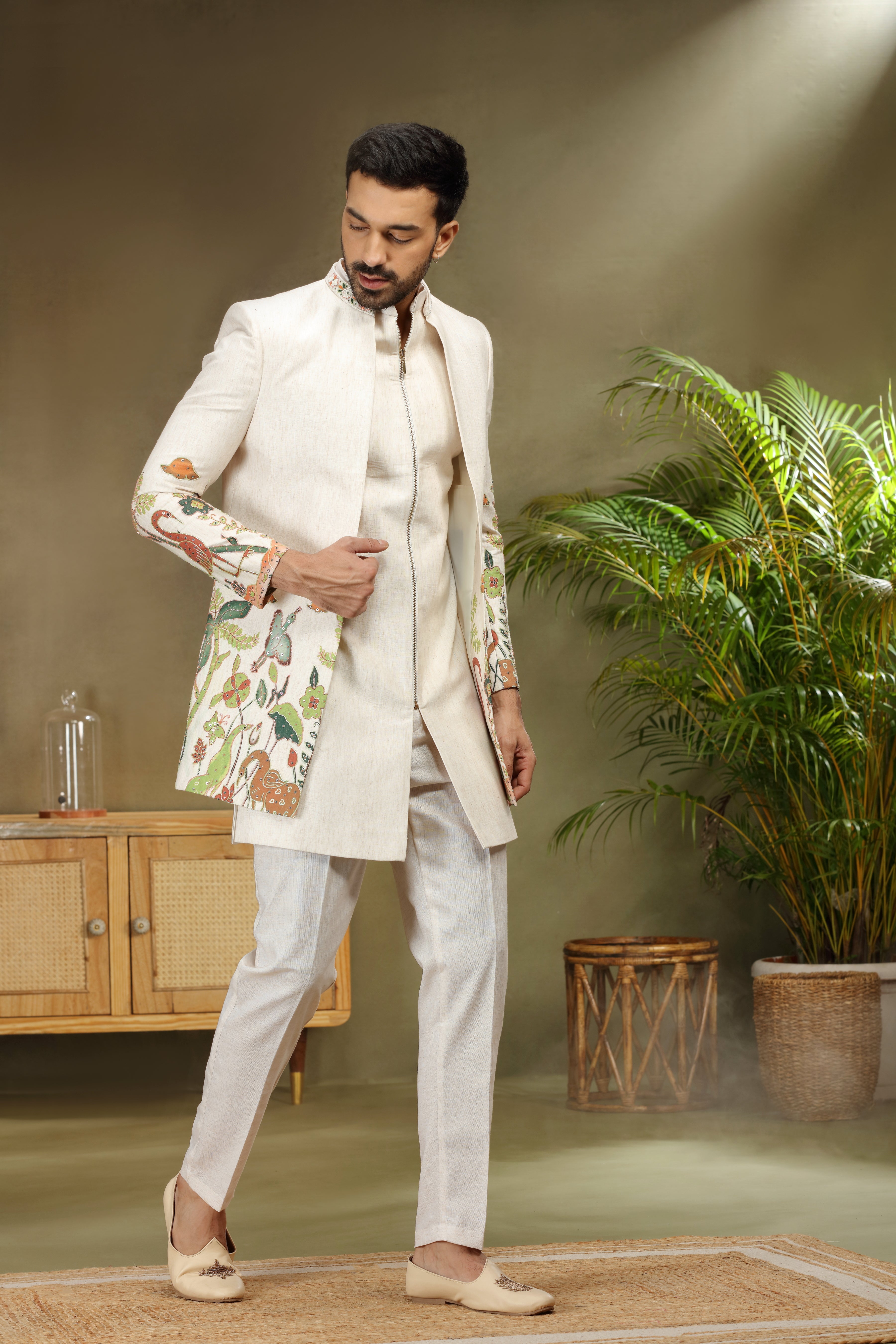 Cream Silk Indo Western with Print, Cutdana and Sequins Work