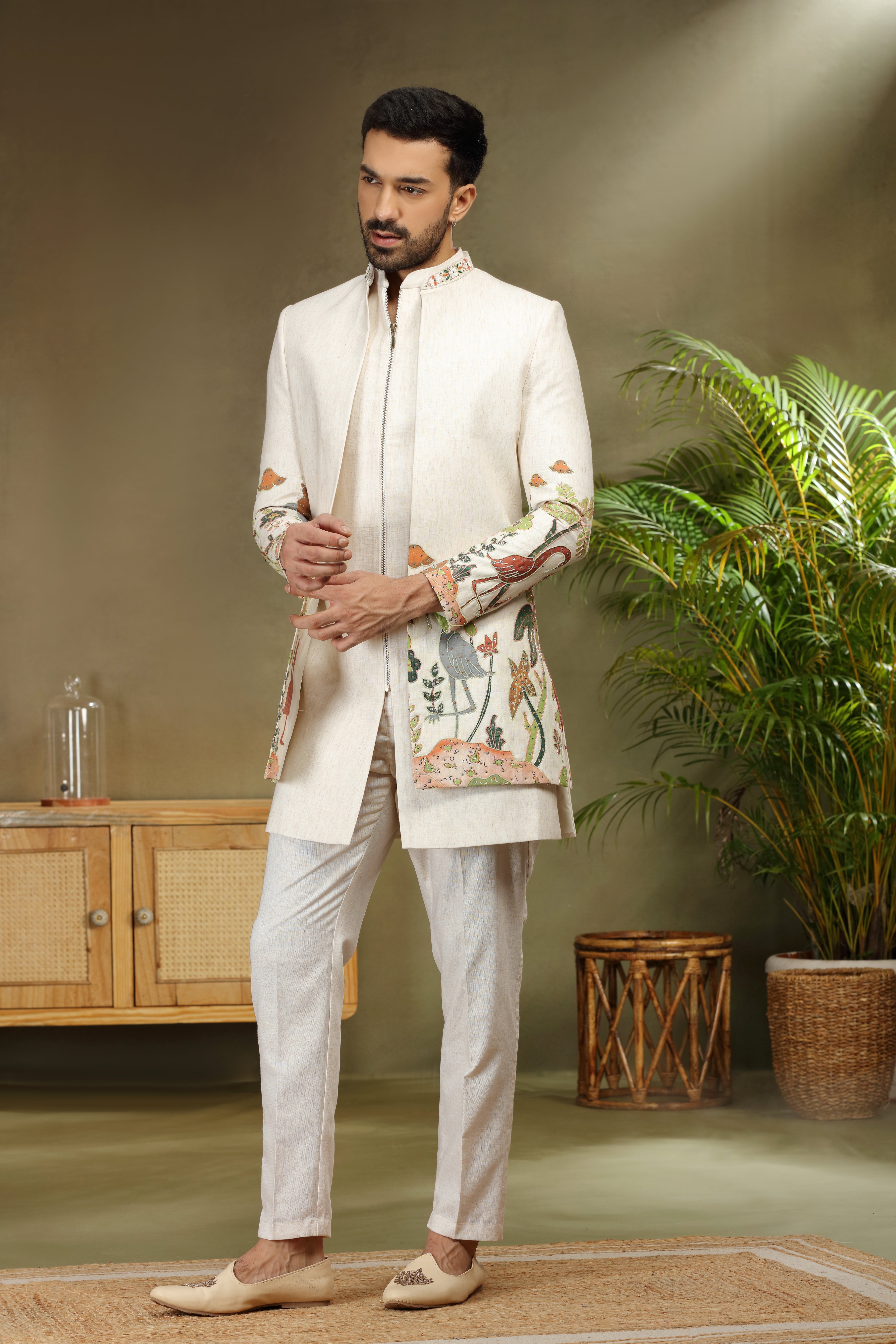Cream Silk Indo Western with Print, Cutdana and Sequins Work