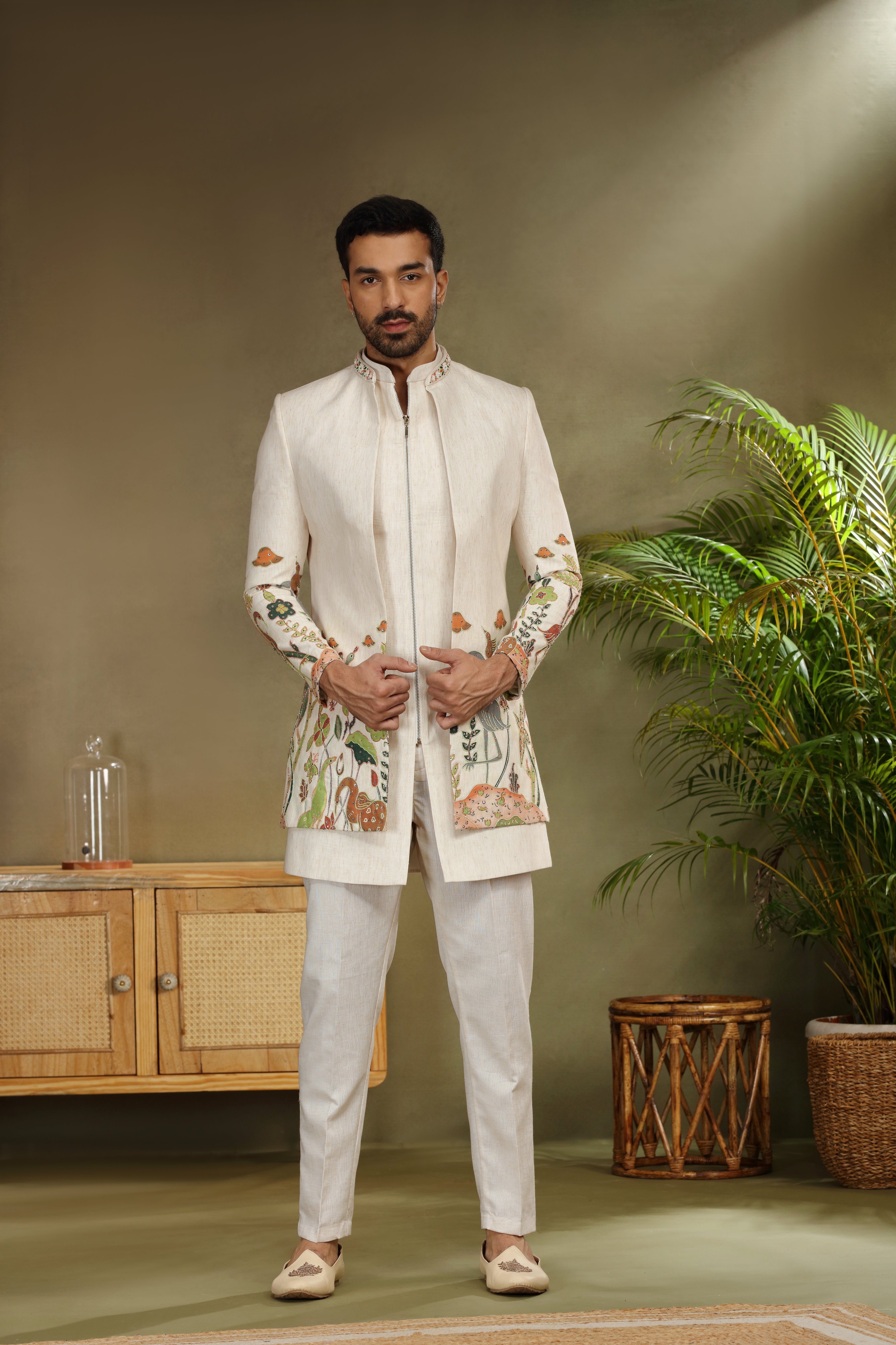 Cream Silk Indo Western with Print, Cutdana and Sequins Work