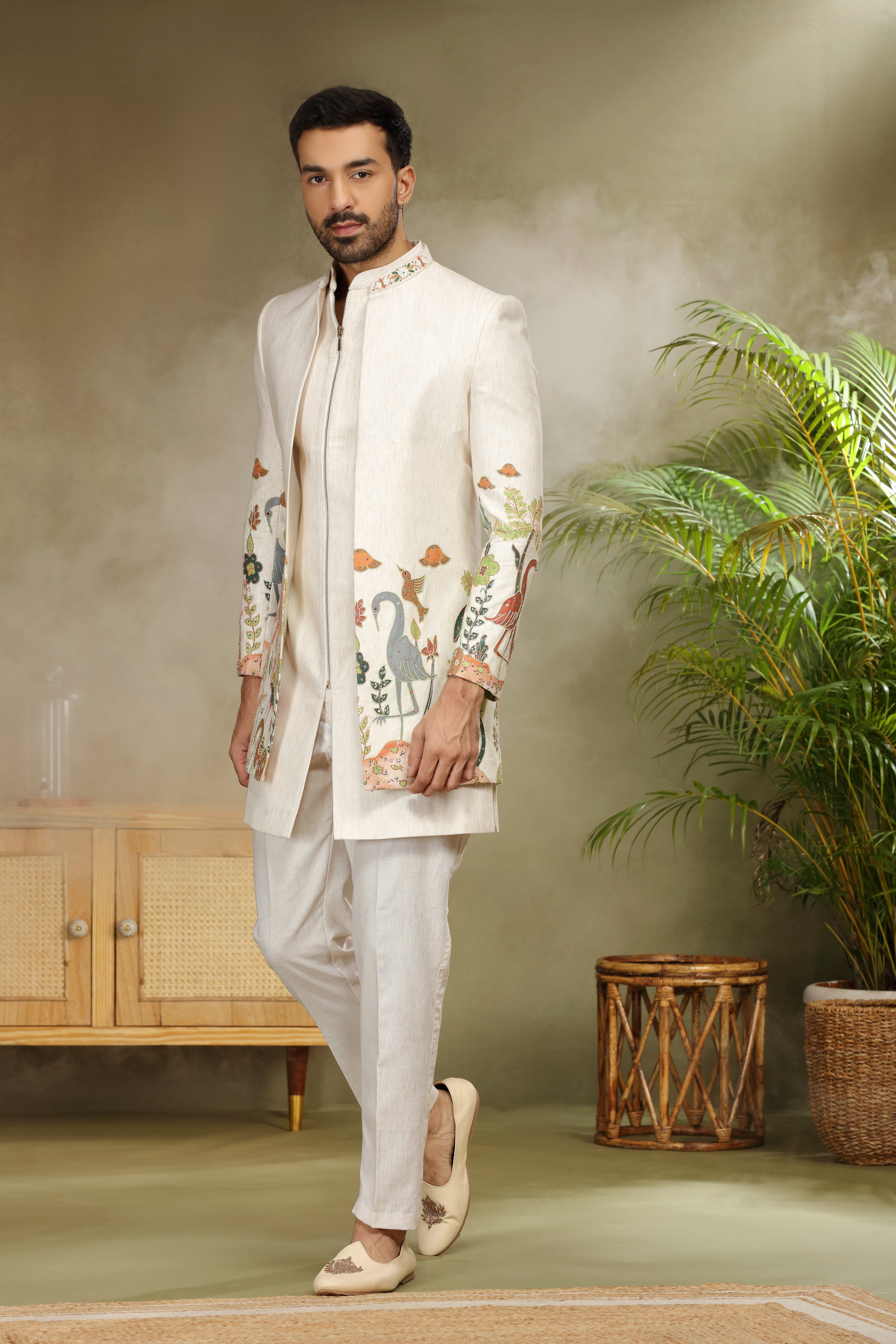 Cream Silk Indo Western with Print, Cutdana and Sequins Work